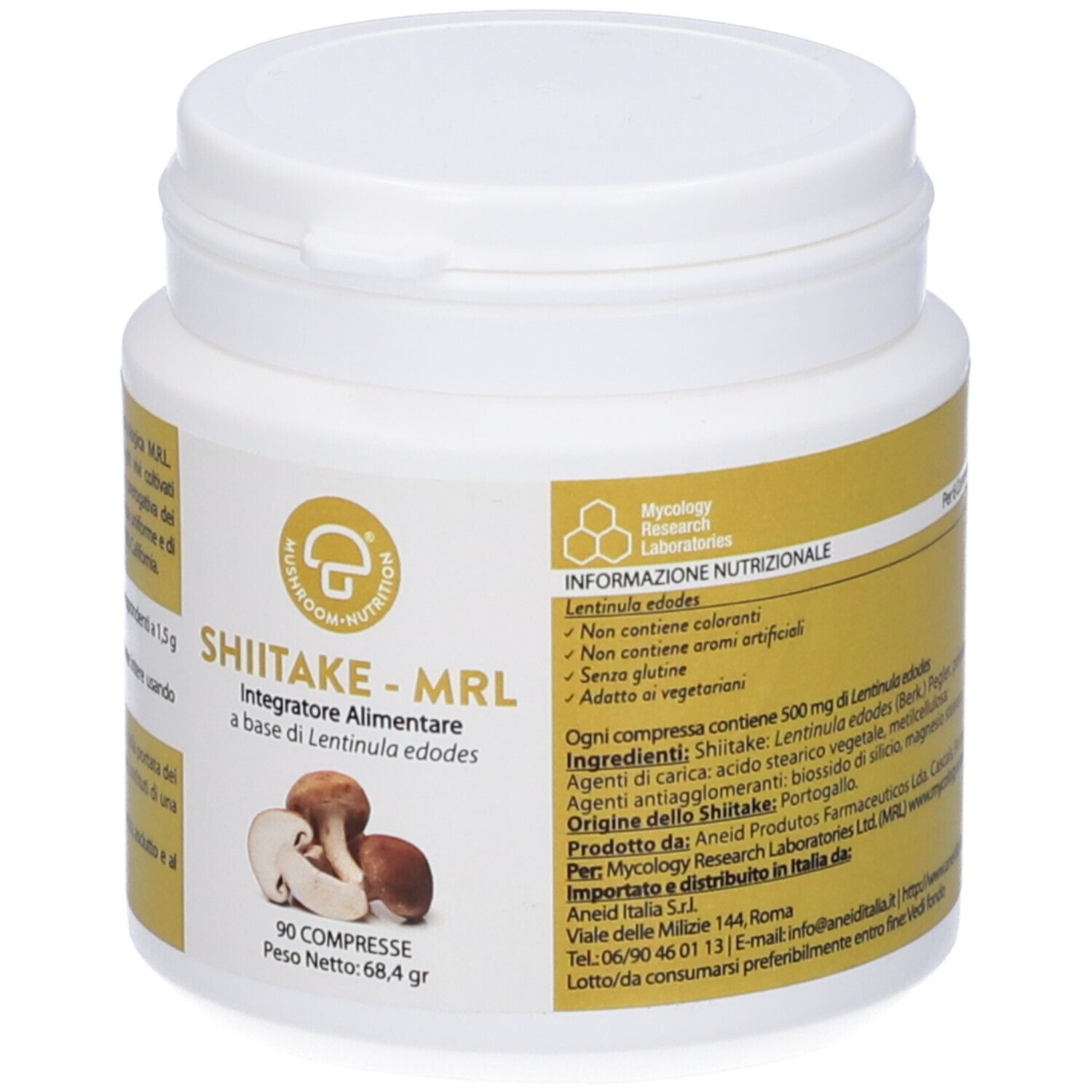 Barattolo bianco con etichetta gialla. Scritta: SHIITAKE-MRL, 90 Compresse.