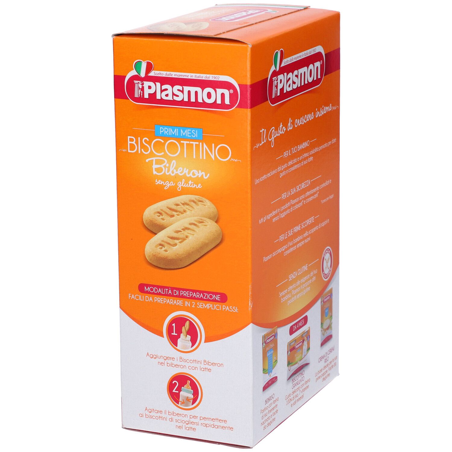 Confezione arancione con logo Plasmon e nome del prodotto. Mostra biscotti. Testo: Preparazione in 3 passaggi.