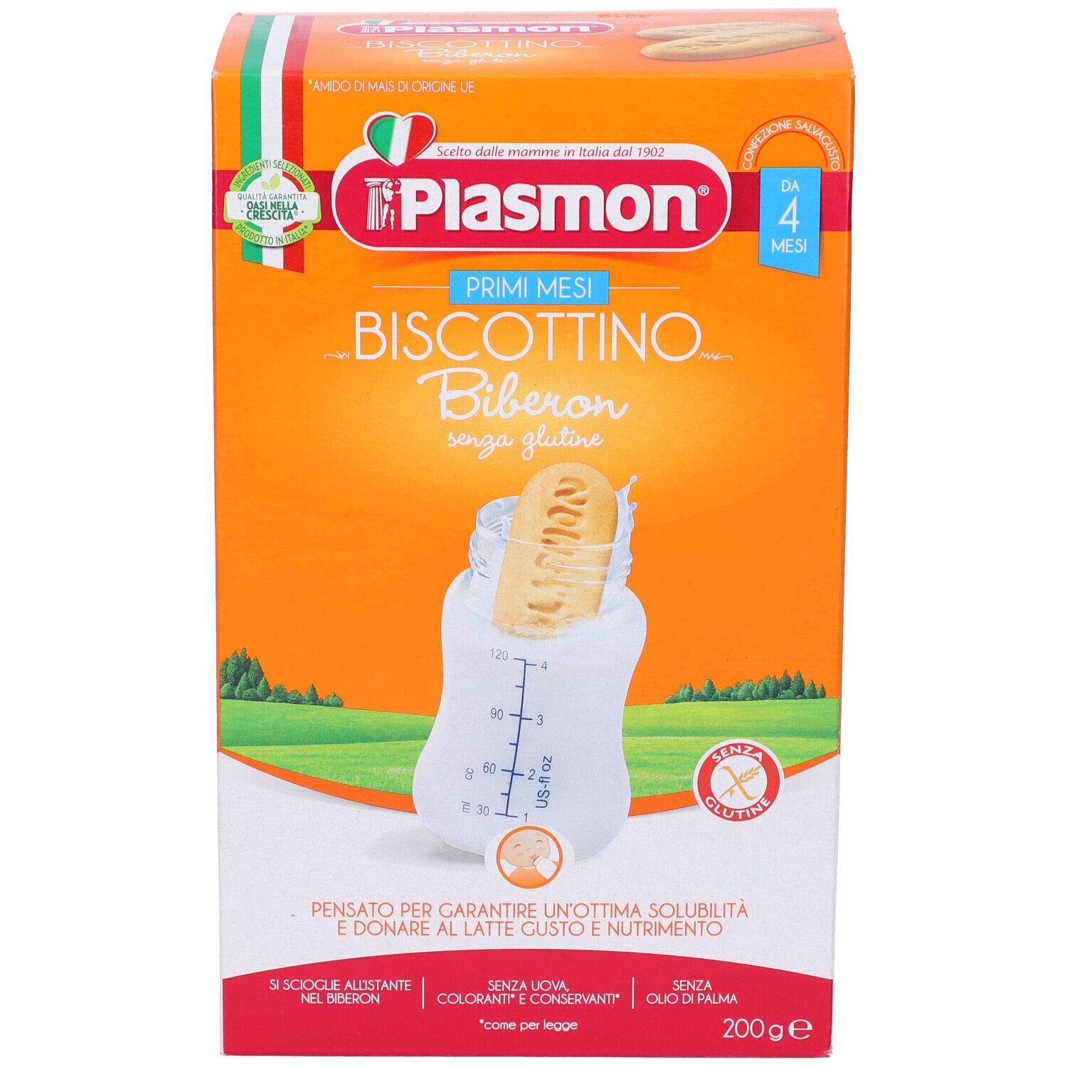 Confezione arancione con logo Plasmon e nome del prodotto. Mostra un biscotto in un biberon. Senza glutine.