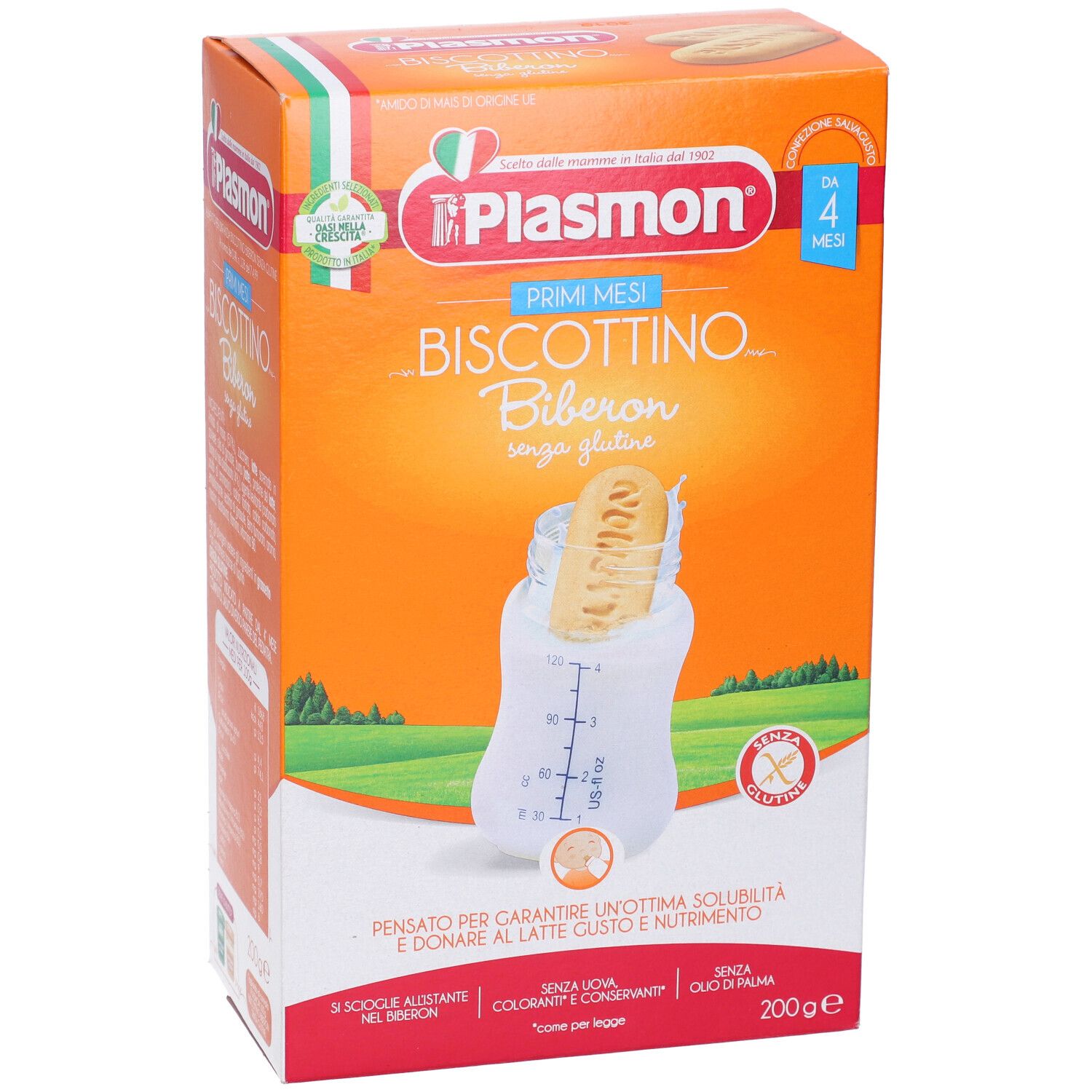 Confezione arancione con logo Plasmon e nome del prodotto. Mostra un biscotto in un biberon. Senza glutine.
