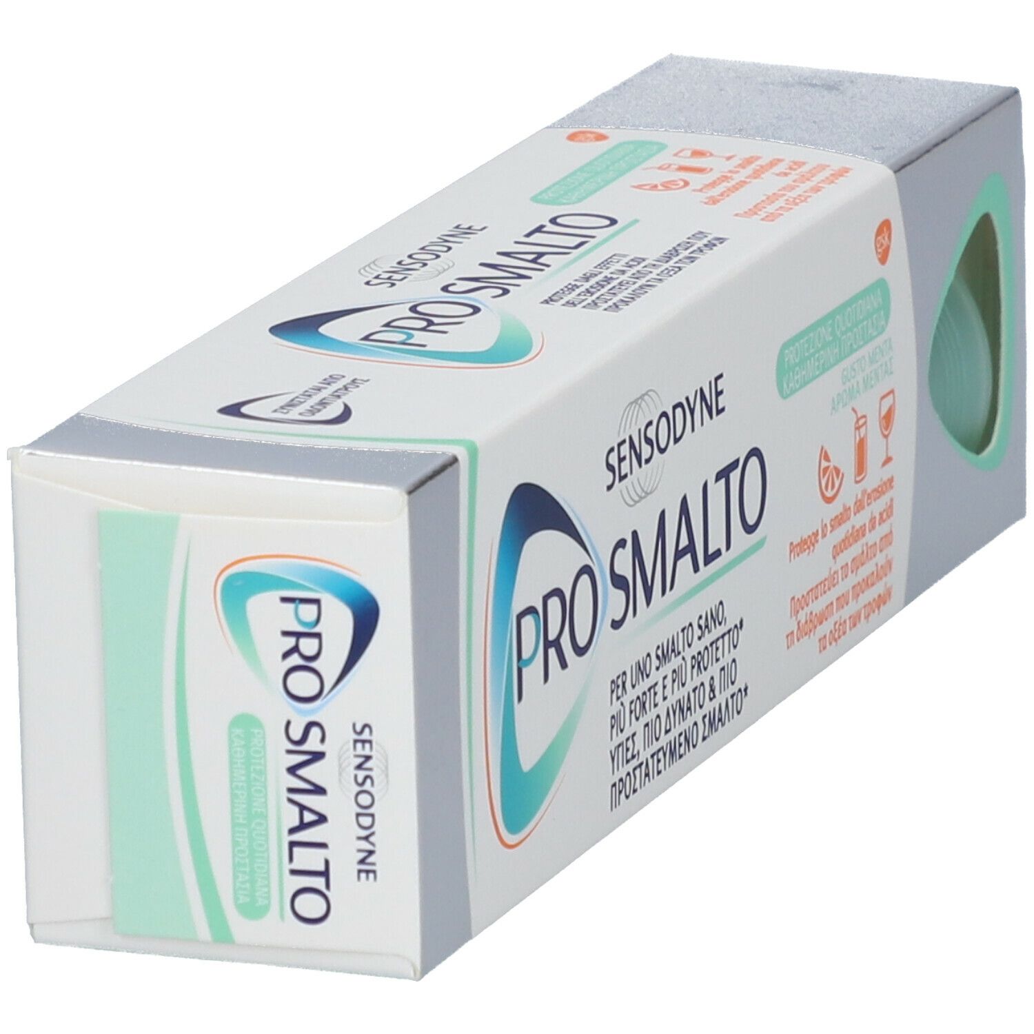 Scatola di dentifricio Sensodyne Pro Smalto. La confezione mostra il prodotto, il marchio e un'apertura verde.