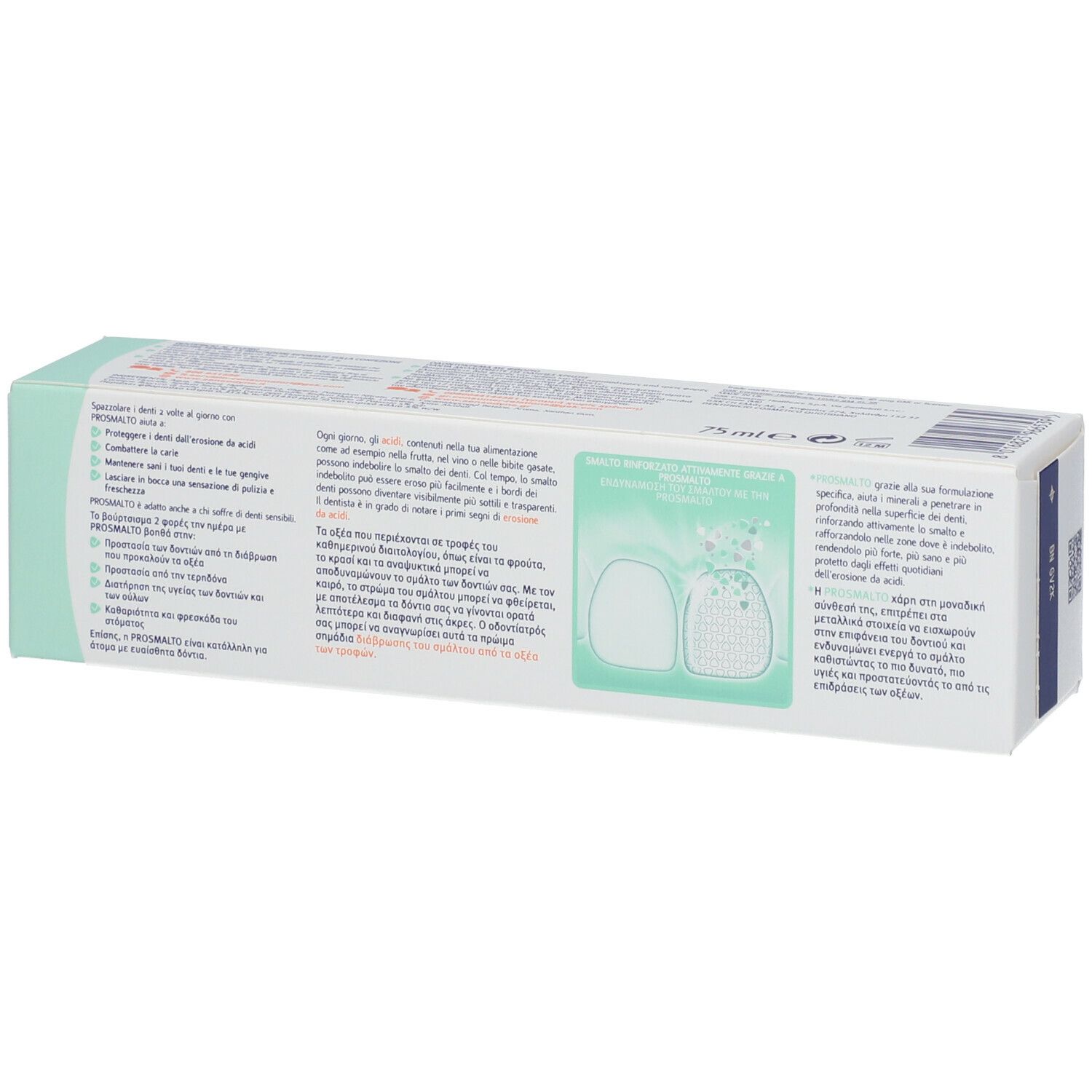 Retro della scatola di dentifricio Sensodyne Pro Smalto. Testo e illustrazione del prodotto.
