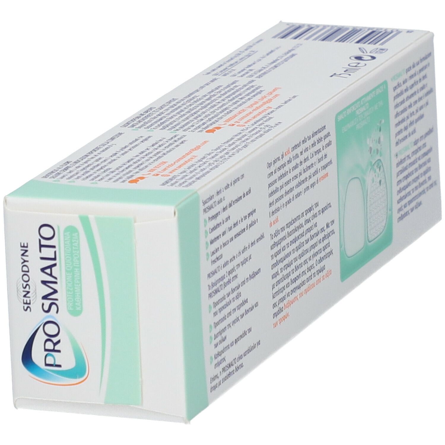 Scatola di dentifricio Sensodyne Pro Smalto. La confezione mostra il prodotto, il marchio e un'apertura verde.