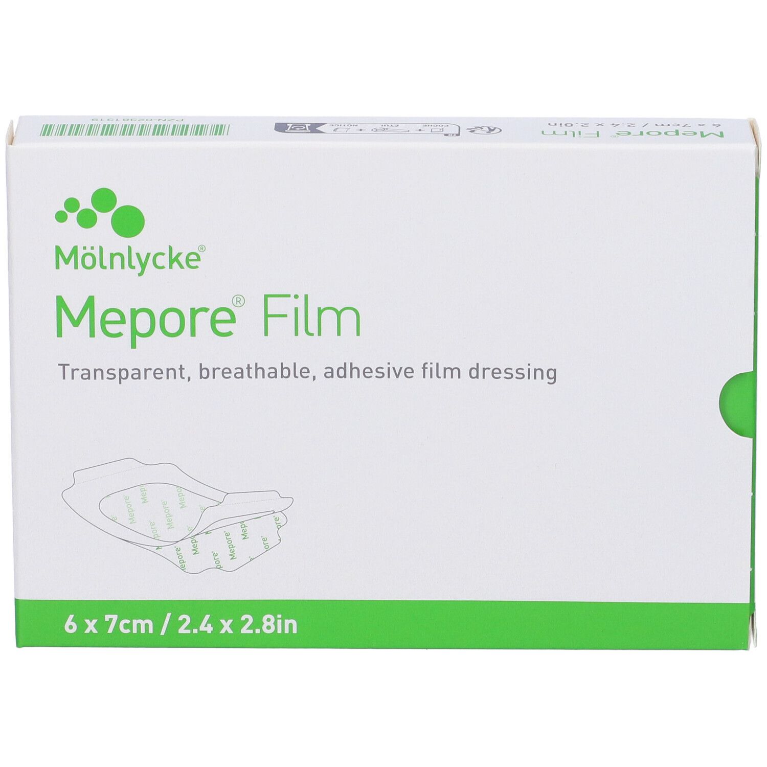 Confezione Mepore® Film. 6 x 7cm. Trasparente, traspirante, adesivo. Vista frontale.