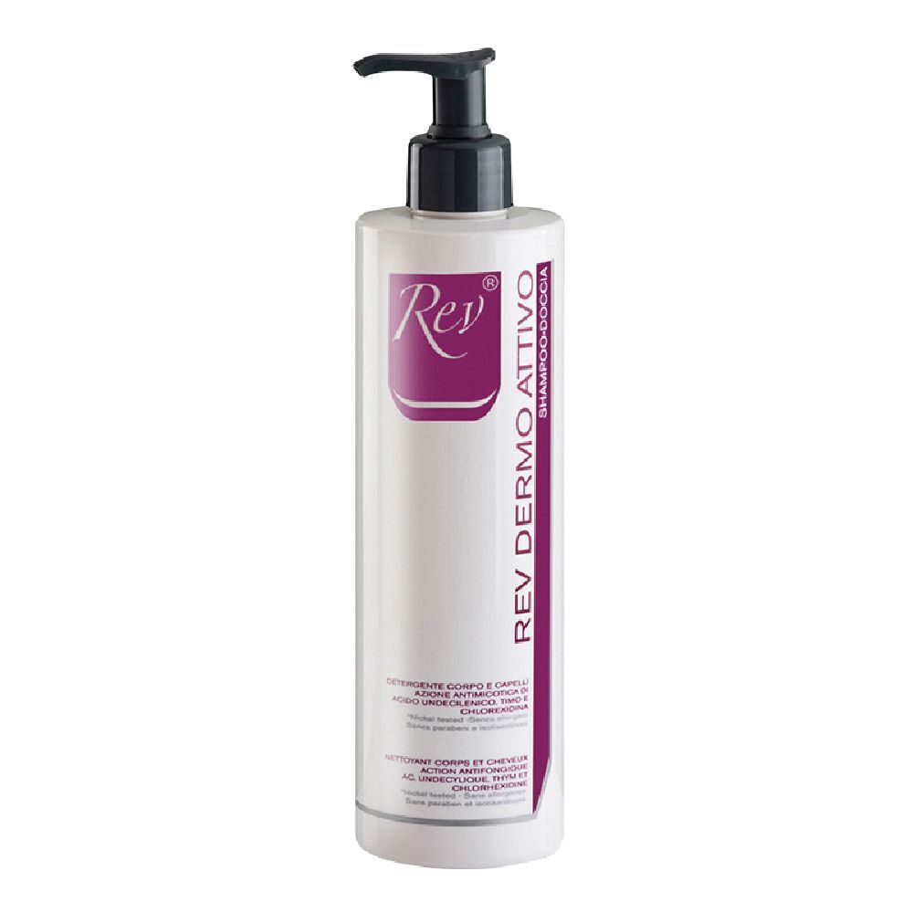 Shampoo bianco con dosatore nero. Scritta Rev Dermo Attivo. Dettagli viola.