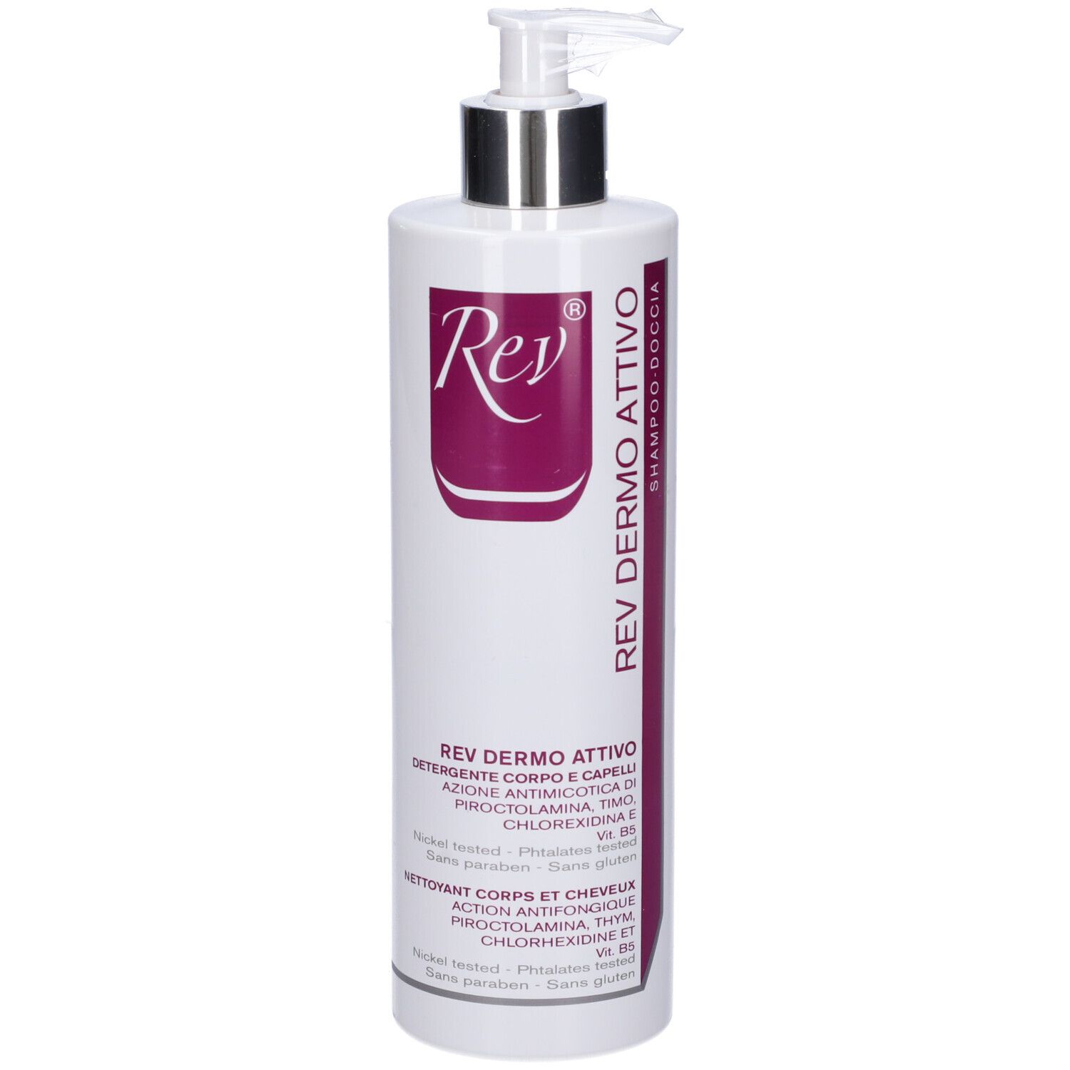Shampoo bianco con dosatore argentato. Scritta Rev Dermo Attivo. Dettagli viola.