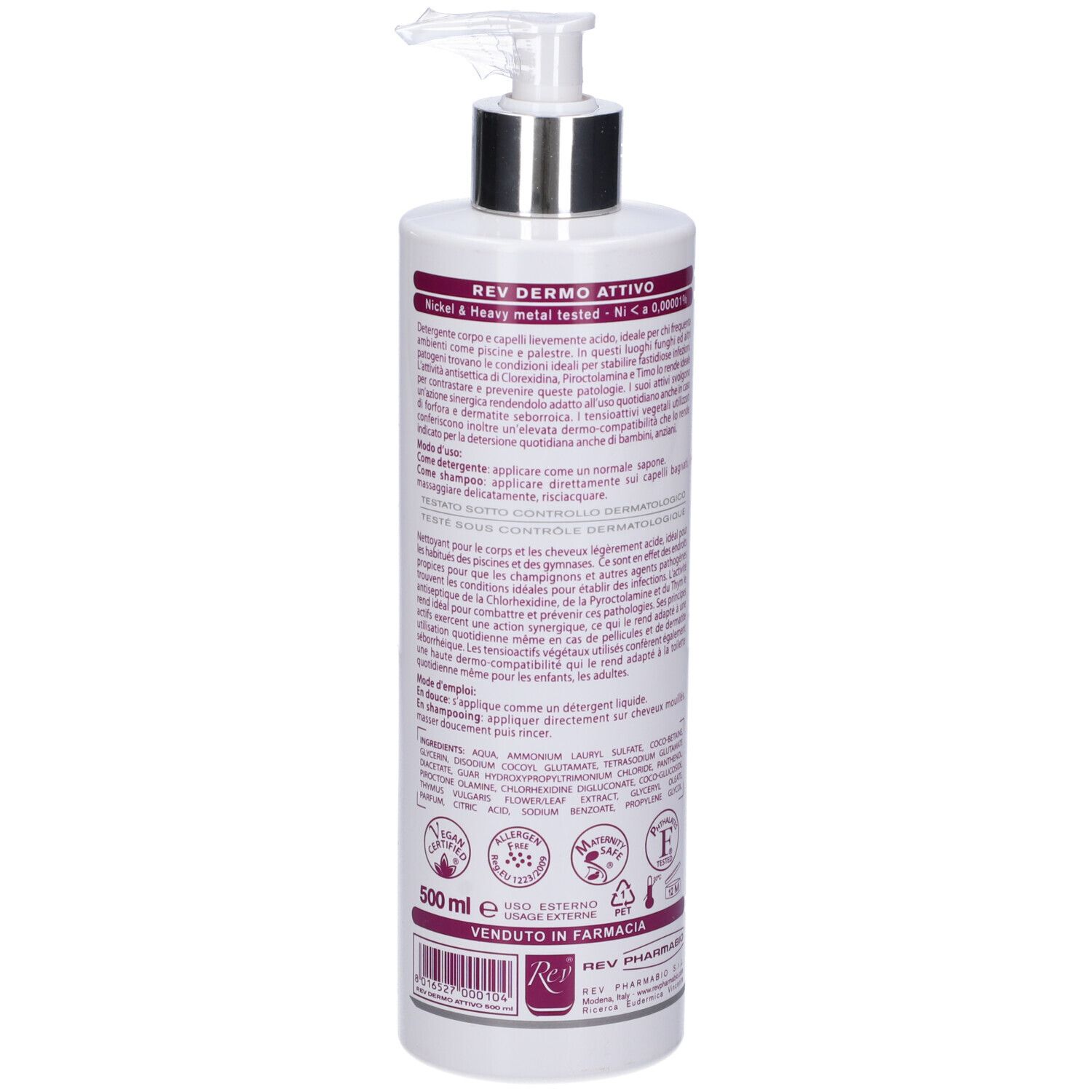 Shampoo bianco con dosatore argentato. Retro con testo e logo. Dettagli viola.
