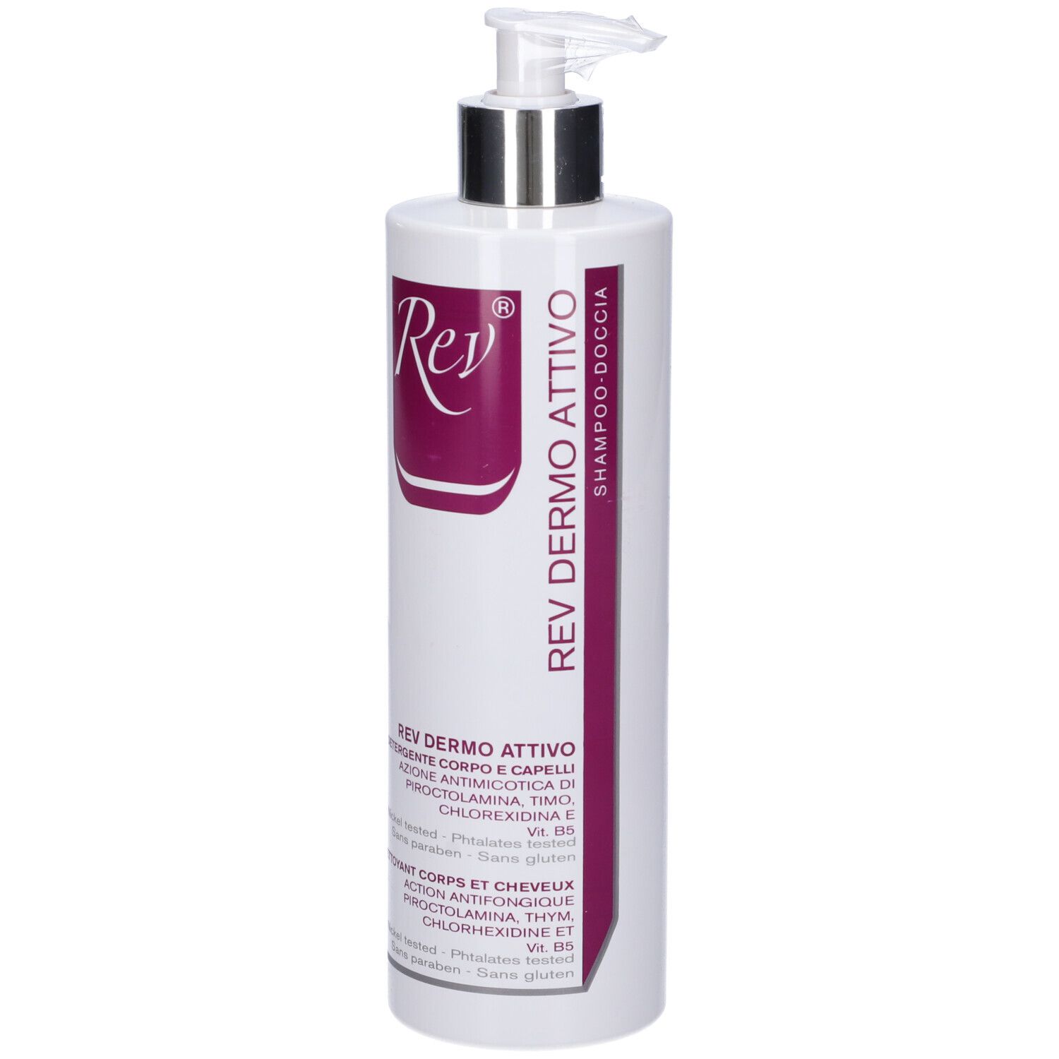 Shampoo bianco con dosatore argentato. Scritta Rev Dermo Attivo. Dettagli viola.