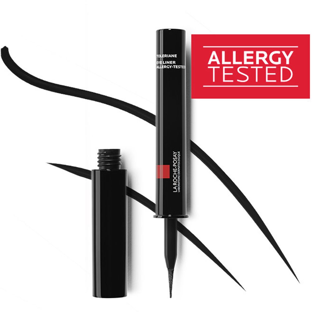 Schwarzer Eyeliner mit Applikator und Strichen. Allergiegetestet-Label.