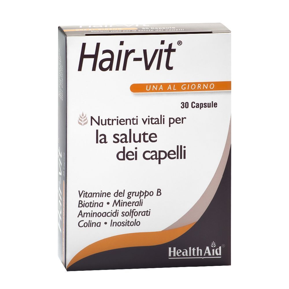 Scatola di Hair-vit, 30 capsule. Contiene vitamine B, biotina, minerali, aminoacidi, colina, inositolo. Logo Health Aid.