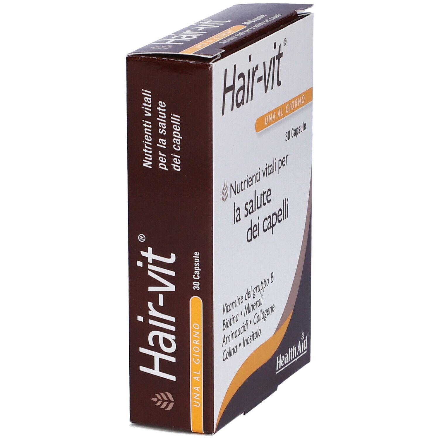 Scatola Hair-vit, 30 capsule. Contiene vitamine B, biotina, minerali, aminoacidi, colina, inositolo. Logo Health Aid.