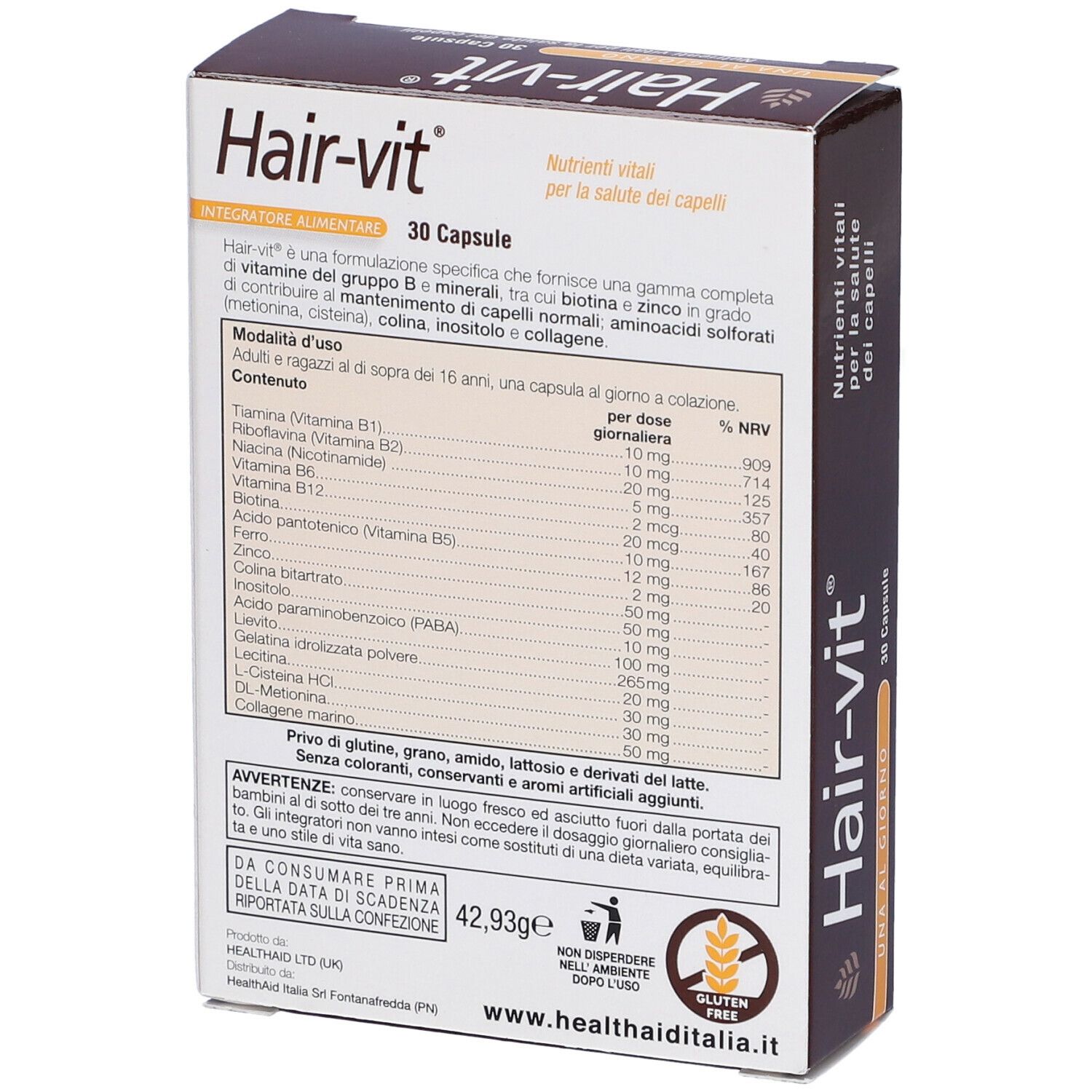 Scatola Hair-vit, 30 capsule. Retro con ingredienti e informazioni nutrizionali. Logo Health Aid e sigillo senza glutine.