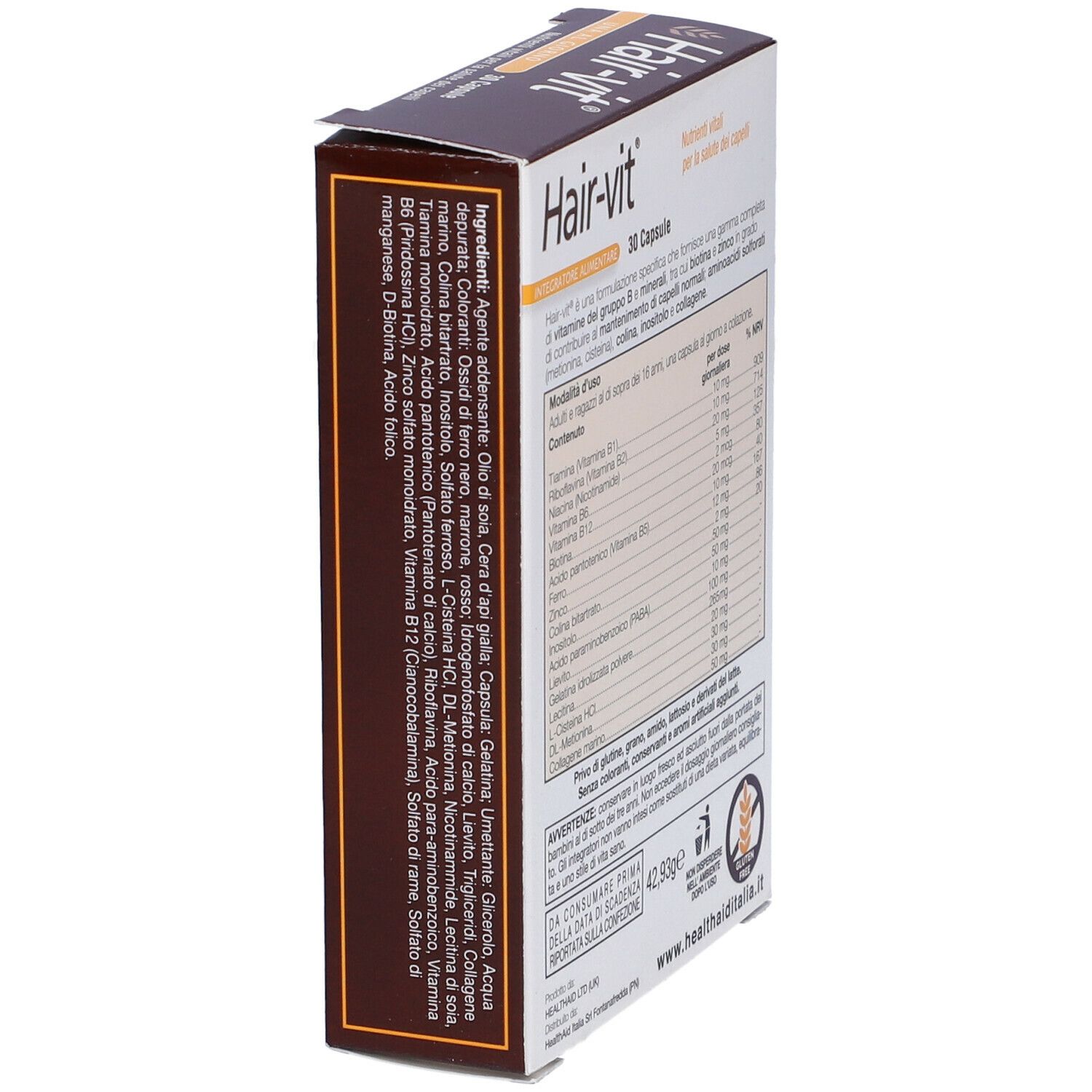 Scatola Hair-vit, 30 capsule. Retro con ingredienti e informazioni nutrizionali. Logo Health Aid e sigillo senza glutine.