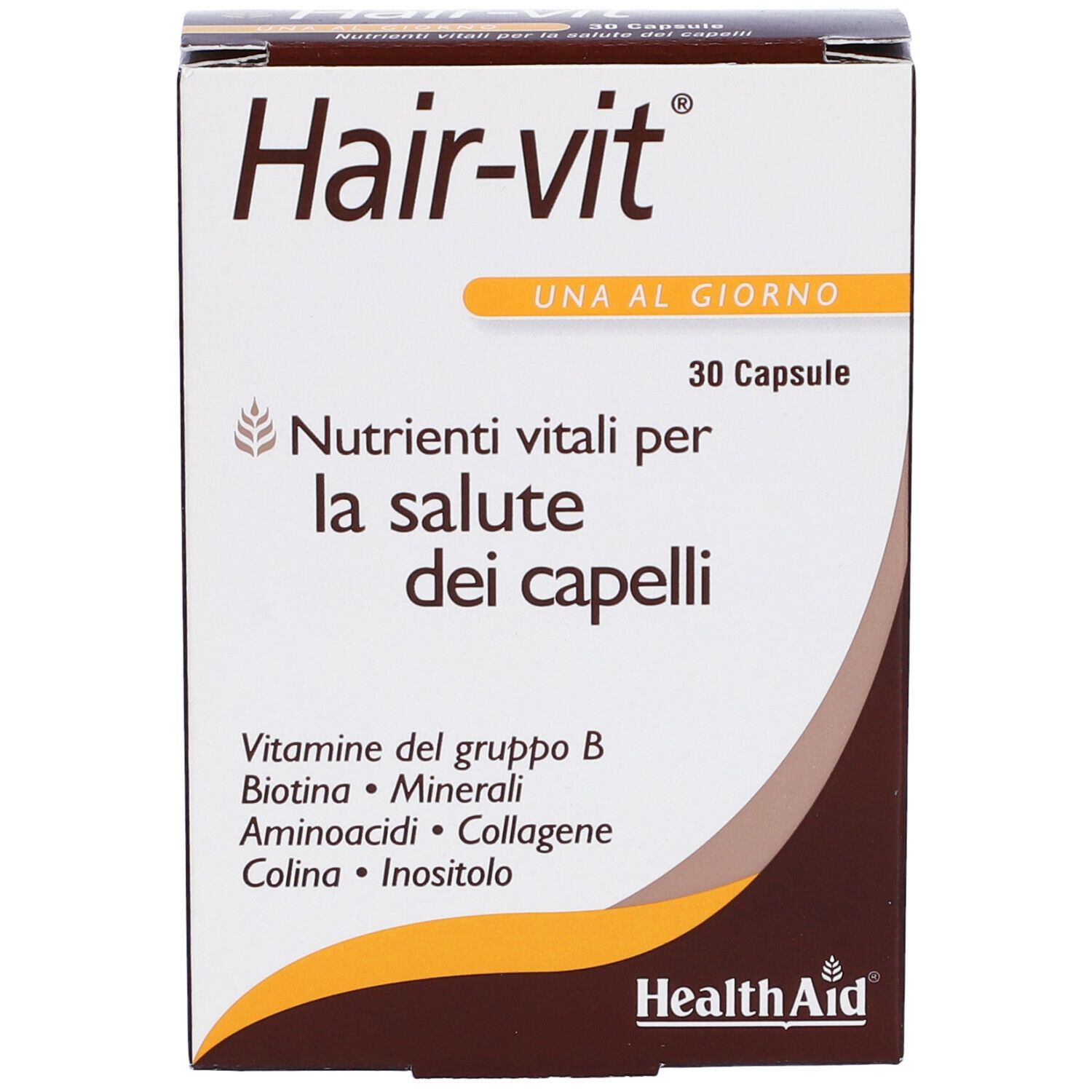 Scatola Hair-vit, 30 capsule. Contiene vitamine B, biotina, minerali, aminoacidi, colina, inositolo. Logo Health Aid.