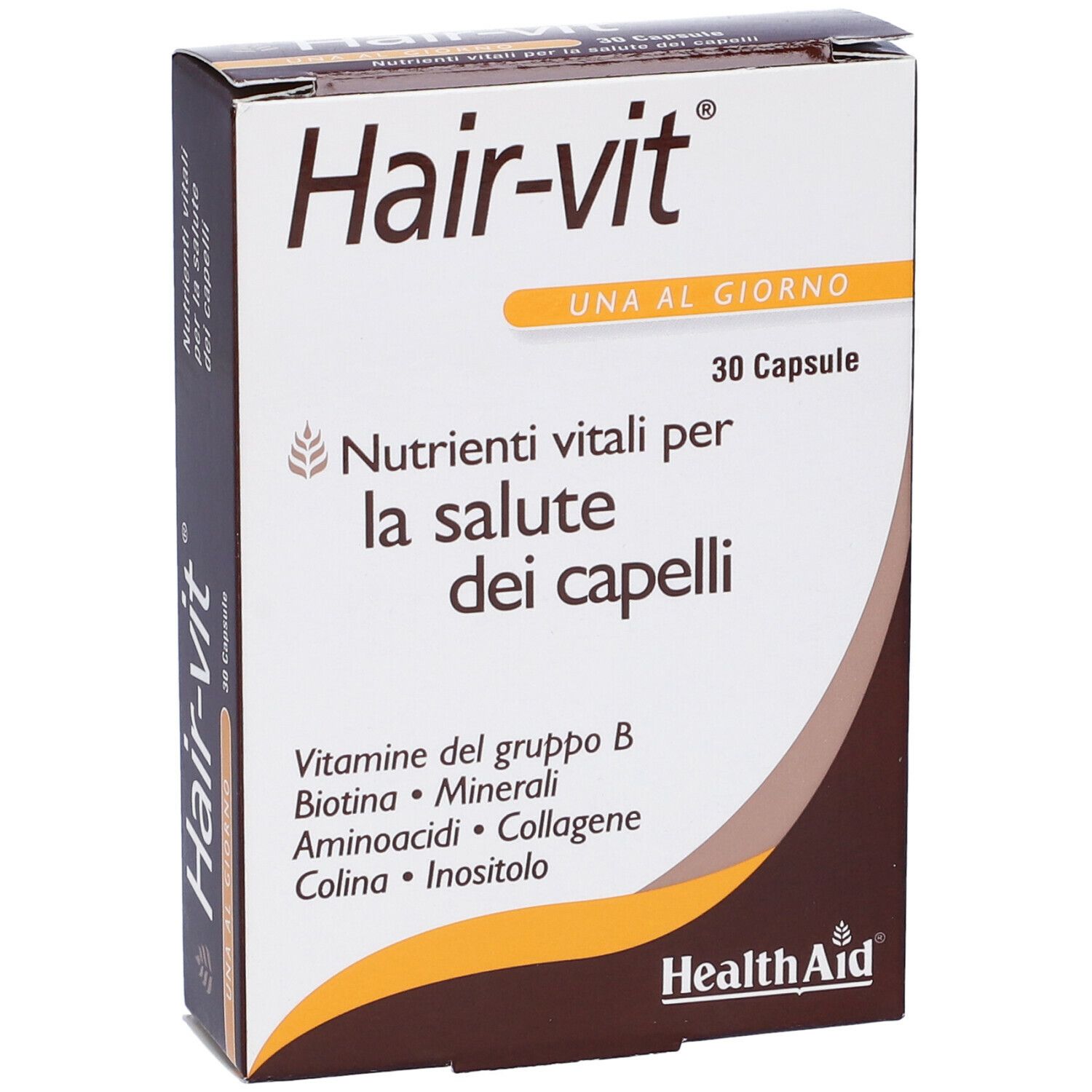 Scatola Hair-vit, 30 capsule. Contiene vitamine B, biotina, minerali, aminoacidi, colina, inositolo. Logo Health Aid.