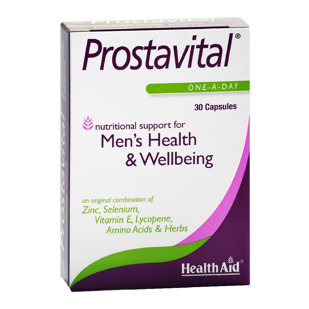 Confezione Prostavital. Contiene 30 capsule. Scritte: "ONE-A-DAY", "Men's Health & Wellbeing". Marchio: Health Aid.