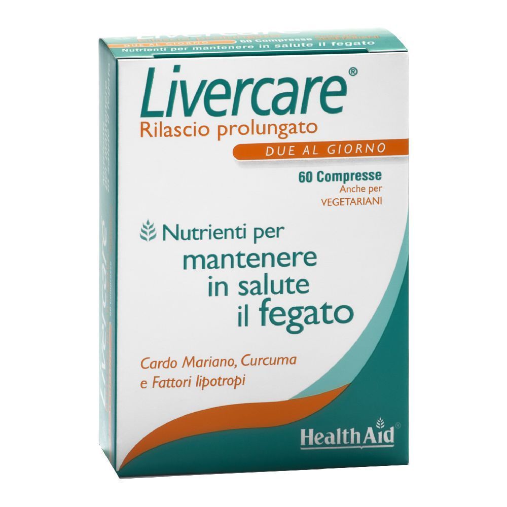 Scatola di Livercare. Scritto: 60 capsule, per vegetariani. Marchio HealthAid.