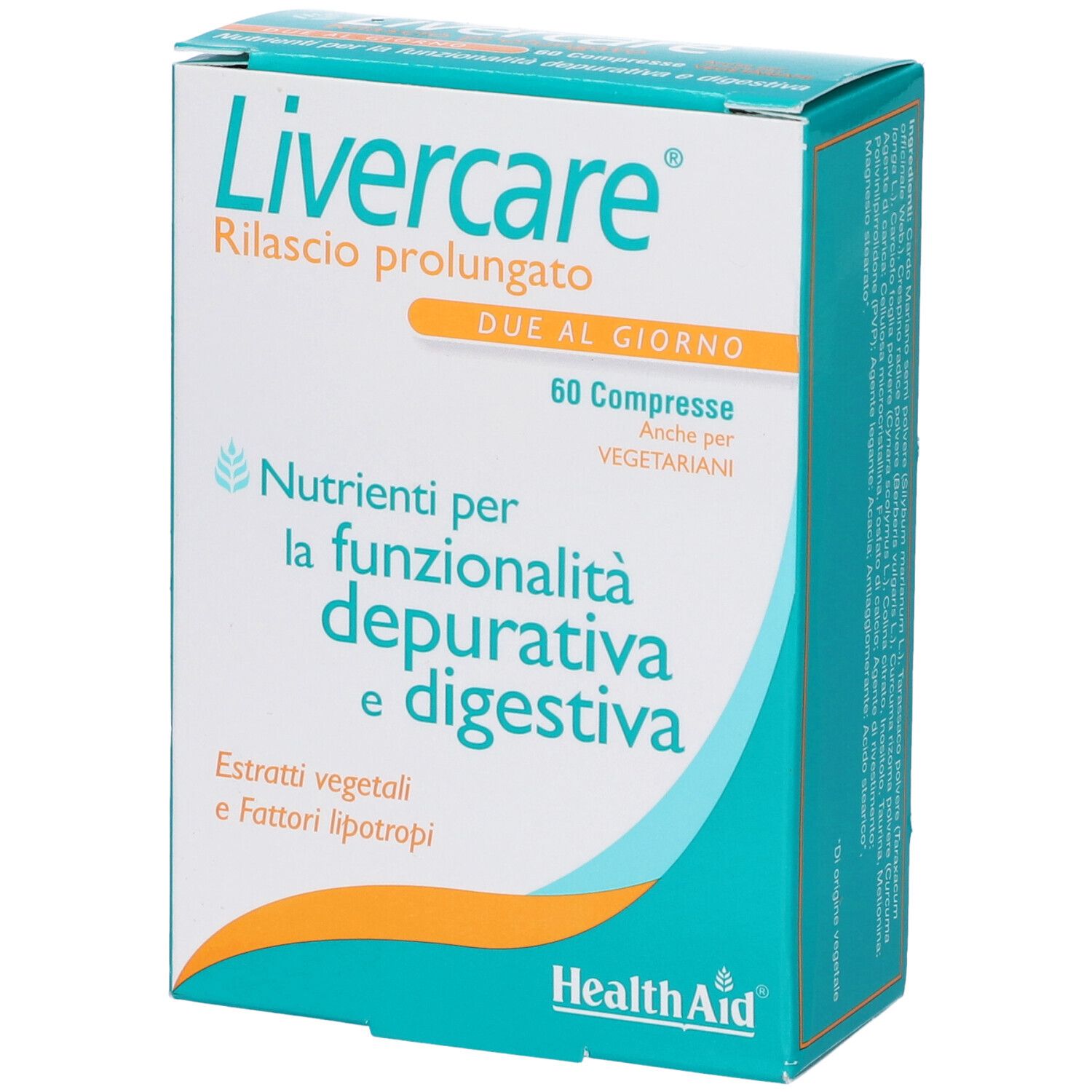 Scatola di Livercare. Scritto: 60 capsule. Marchio HealthAid. Per il fegato.