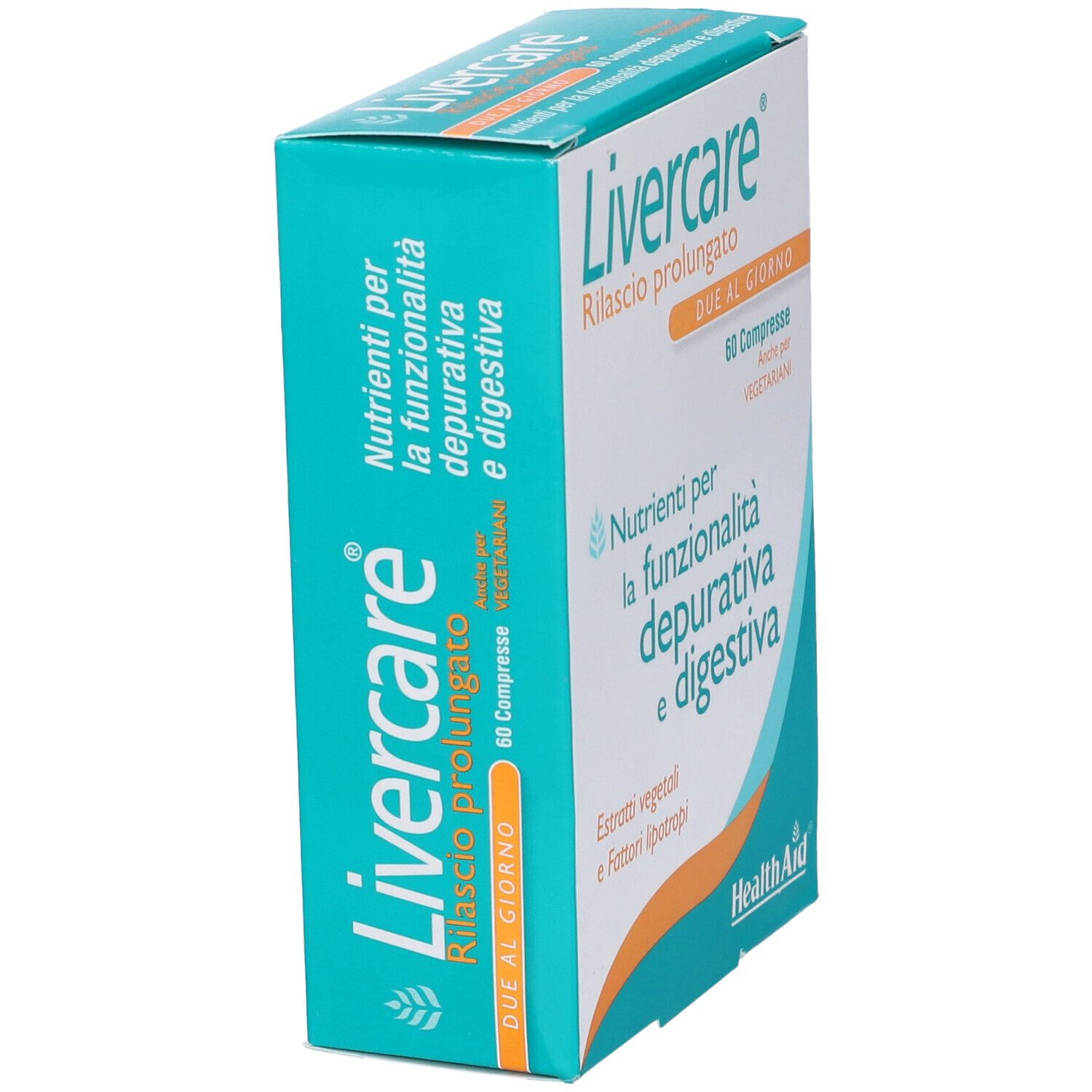 Scatola di Livercare. Scritto: 60 capsule. Marchio HealthAid. Per il fegato.