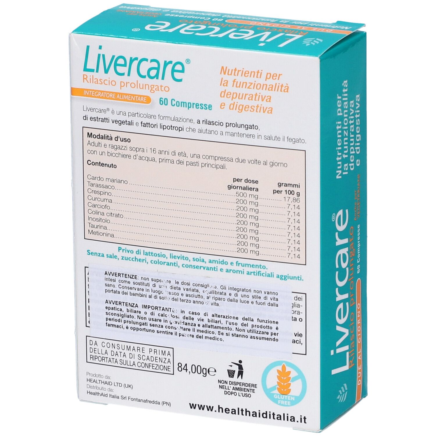 Retro della scatola di Livercare. Contiene informazioni sugli ingredienti e il dosaggio. Marchio HealthAid.