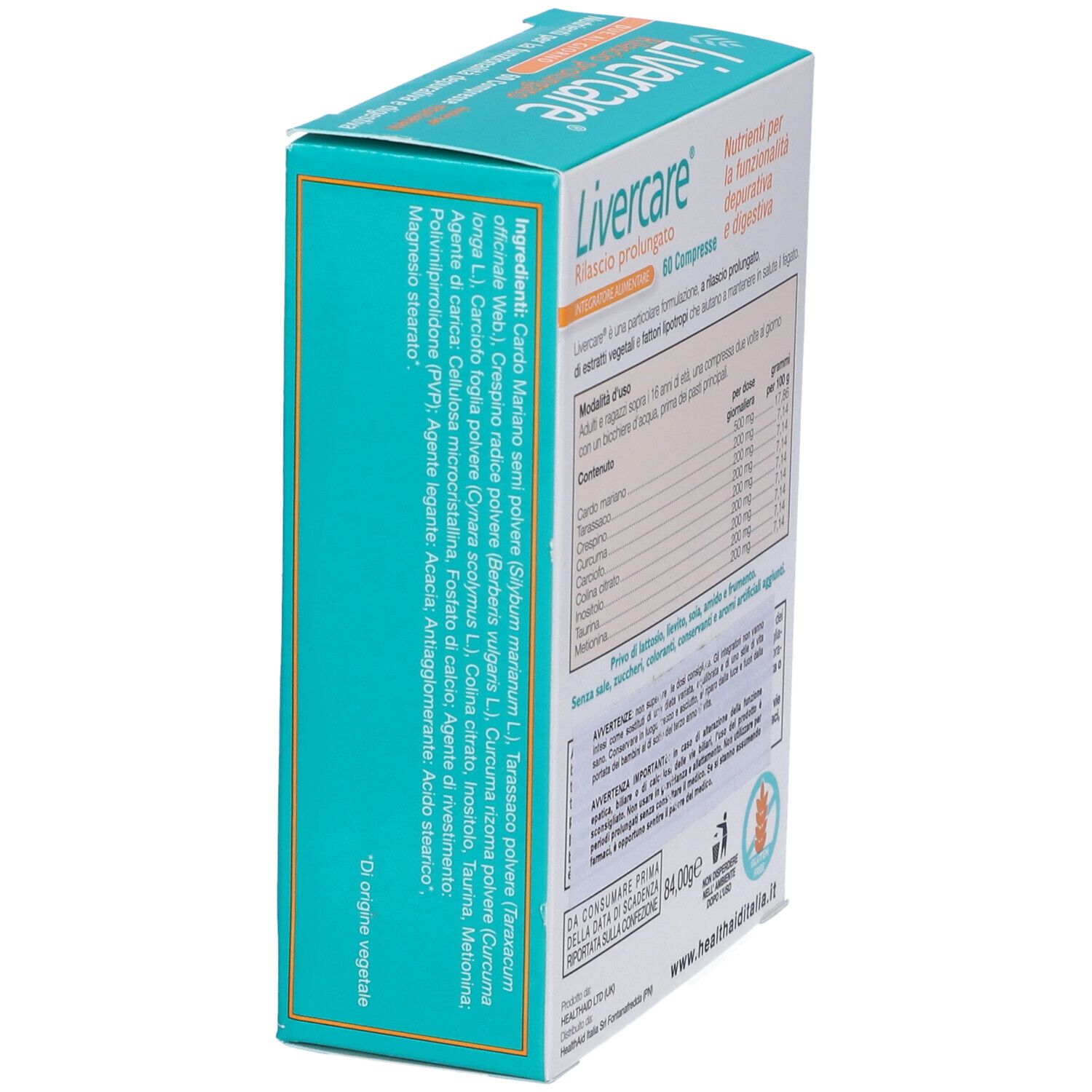 Scatola di Livercare. Contiene informazioni sugli ingredienti. Marchio HealthAid.