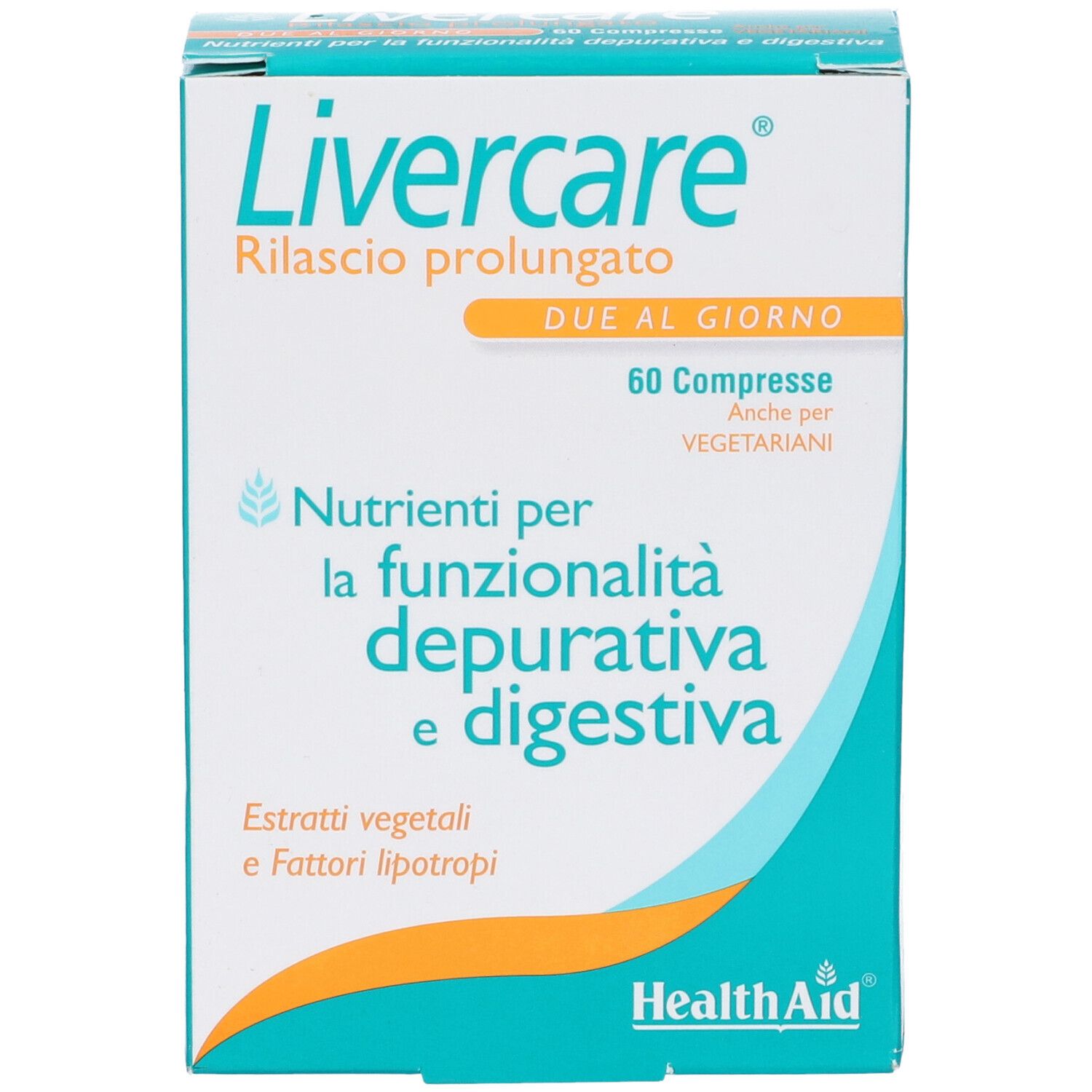 Scatola di Livercare. Scritto: 60 capsule. Marchio HealthAid. Per il fegato.