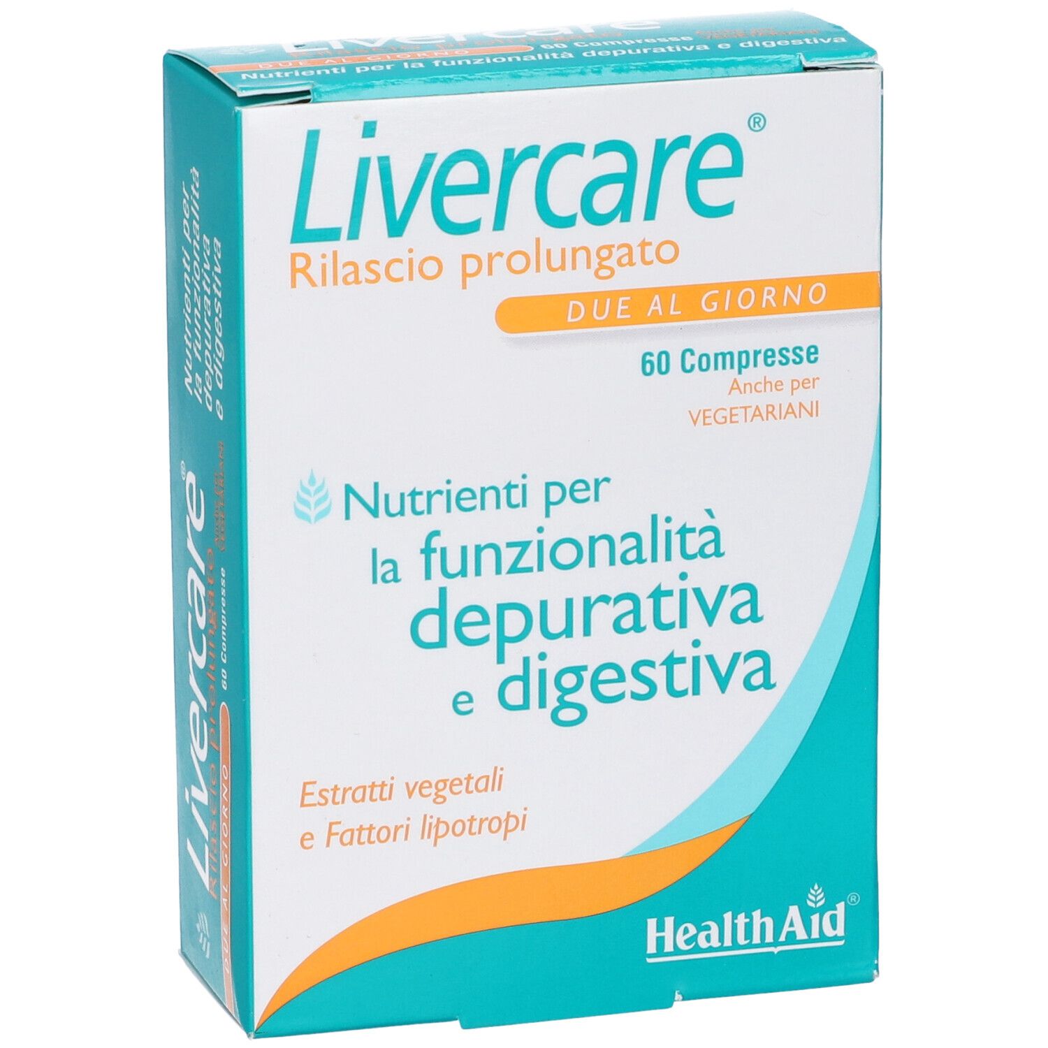 Scatola di Livercare. Scritto: 60 capsule. Marchio HealthAid. Per il fegato.