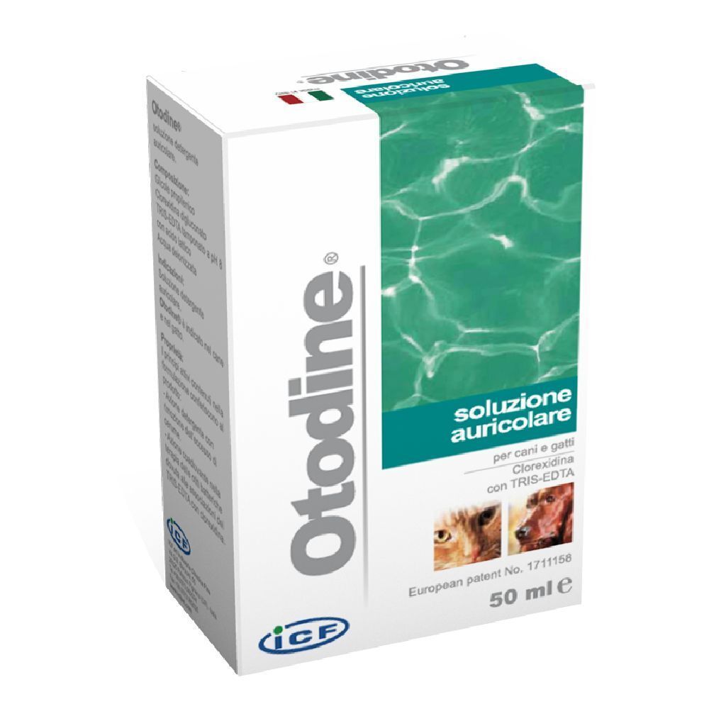 Scatola Otodine. Soluzione auricolare per cani e gatti. 50 ml. Immagini di cani e gatti. Marchio ICF.