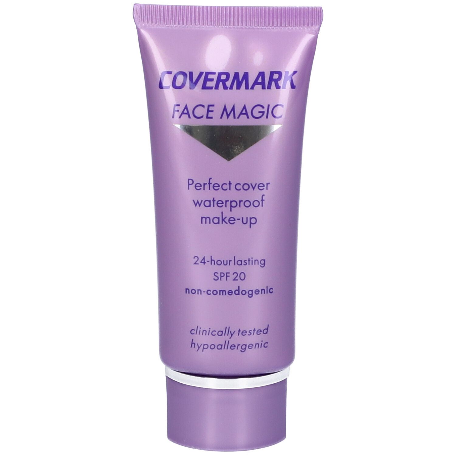 Tubo viola Covermark Face Magic. Testo: Perfect cover waterproof make-up, SPF 20, 24-hour lasting, non-comedogenic. Ipoallergenico.