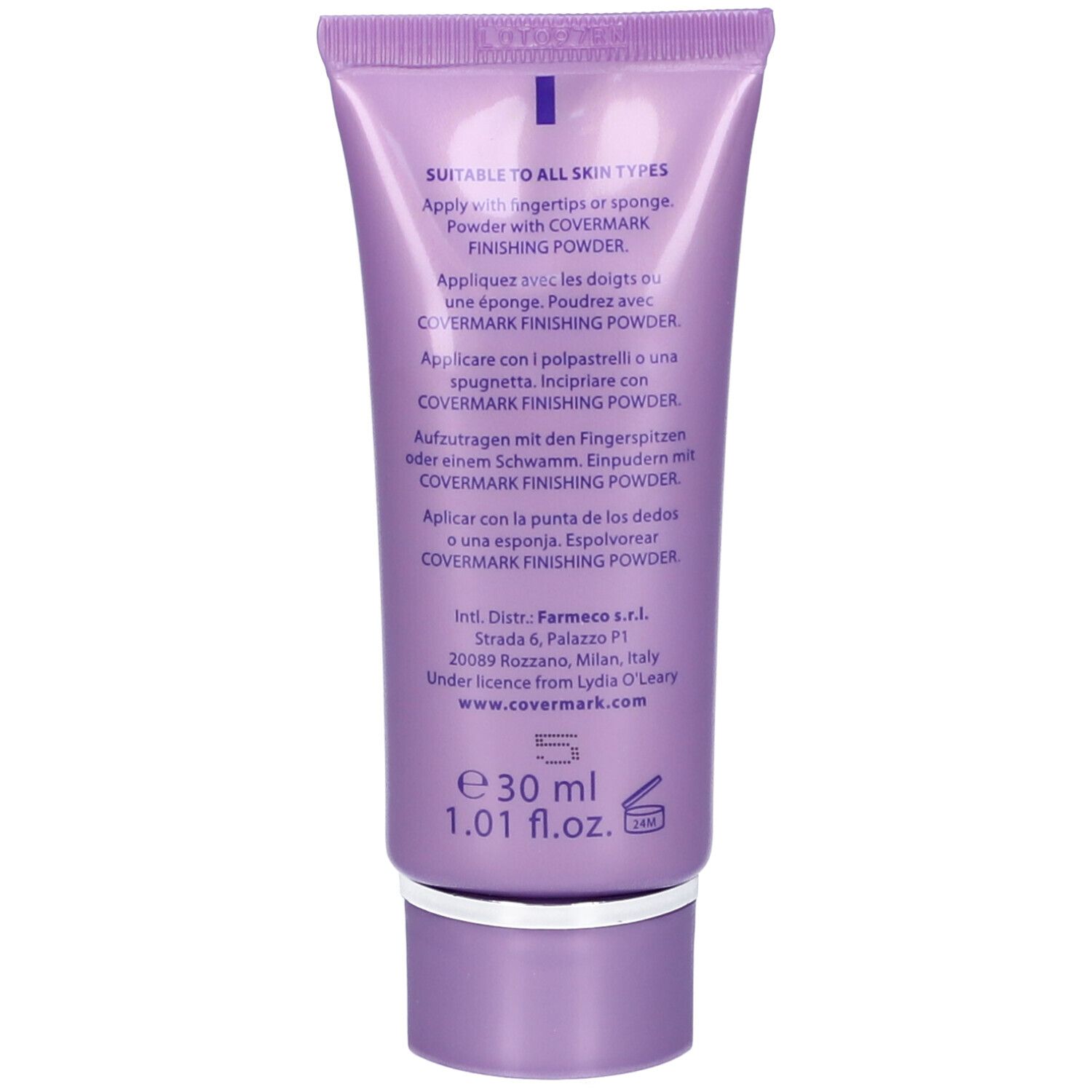 Retro del tubo Covermark Face Magic viola. Testo: Suitable to all skin types. 30 ml, 1.01 fl.oz.