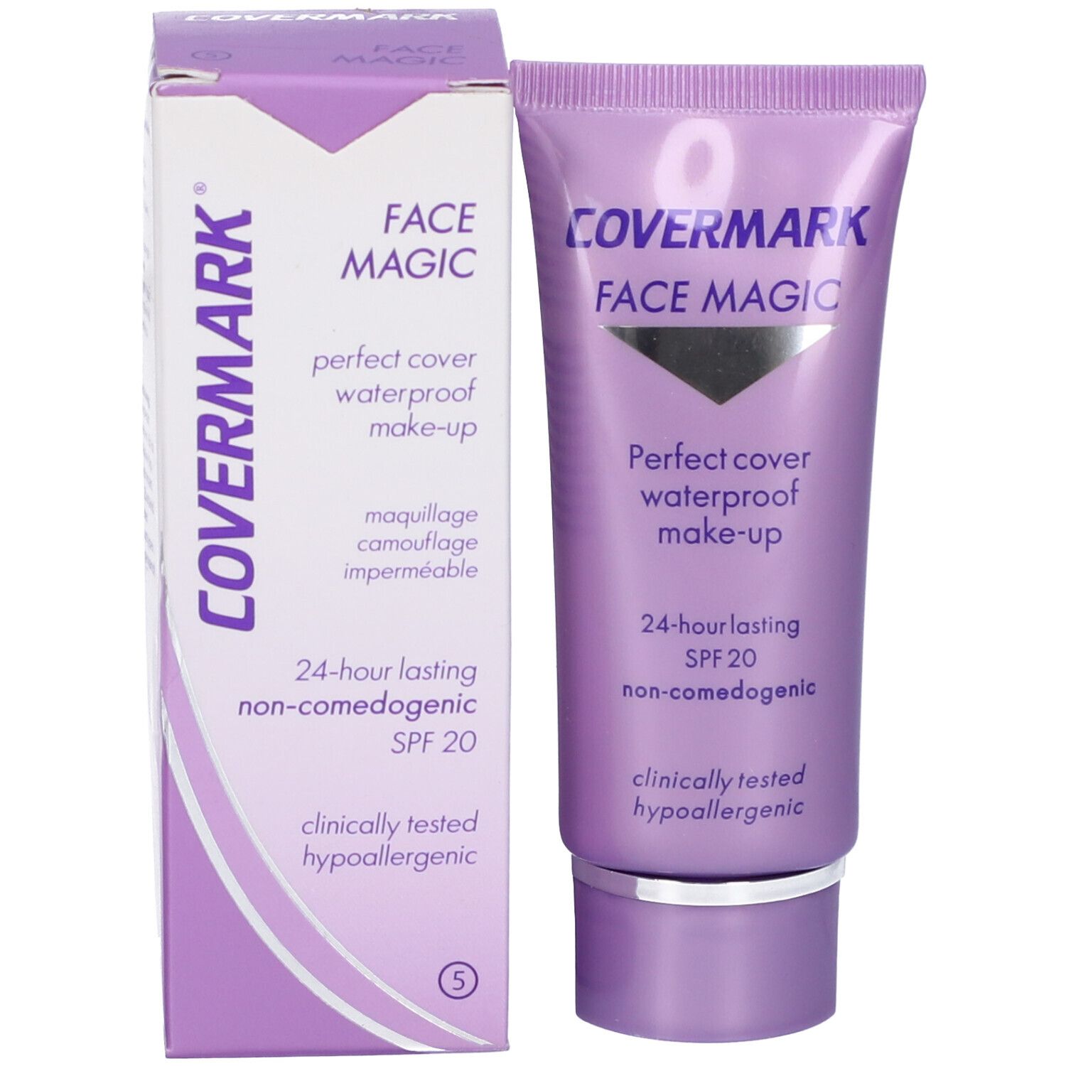 Tubo e scatola Covermark Face Magic. Testo: Perfect cover waterproof make-up, SPF 20, 24-hour lasting, non-comedogenic.
