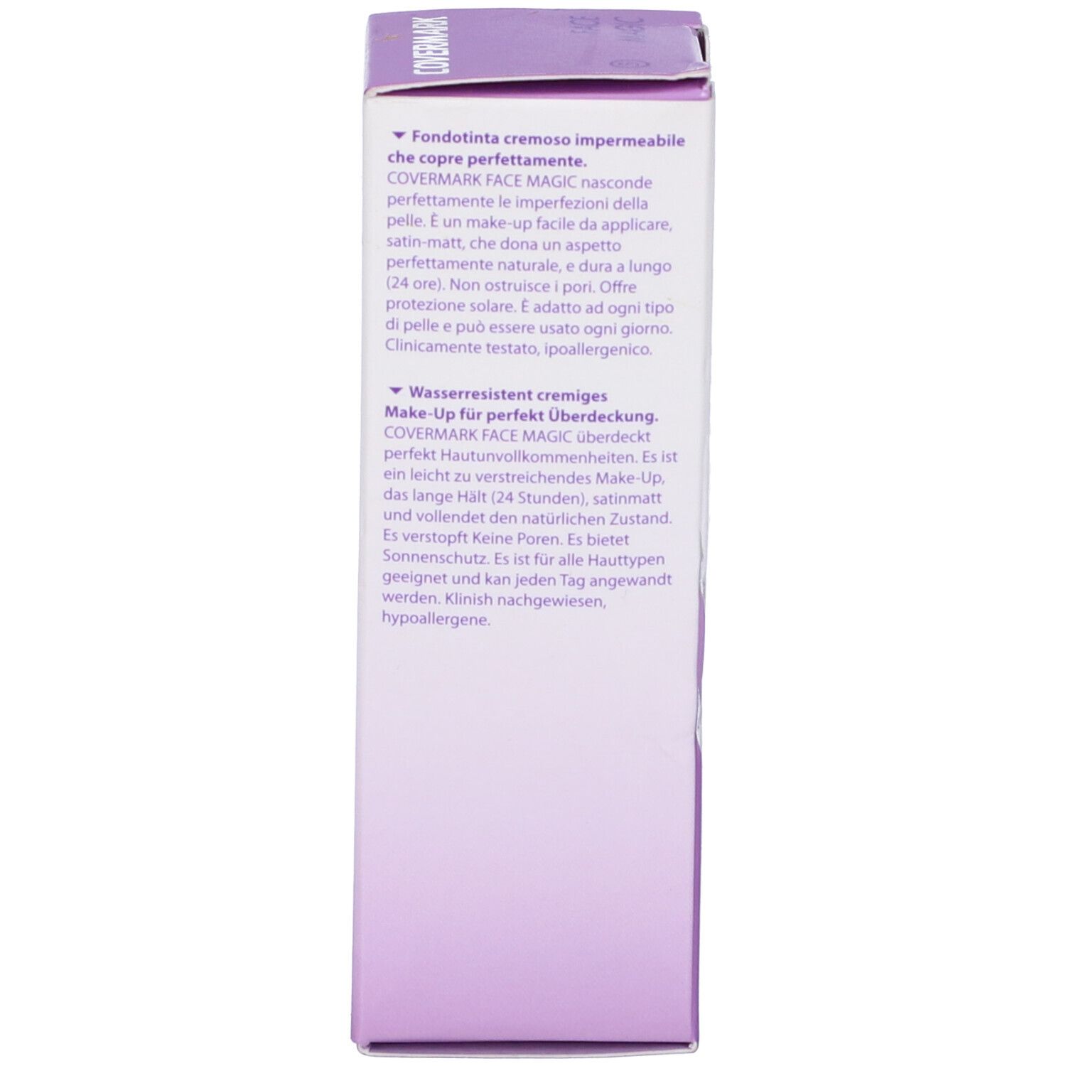Scatola Covermark Face Magic. Testo in italiano: Fondotinta cremoso impermeabile. Clinicamente testato, ipoallergenico.