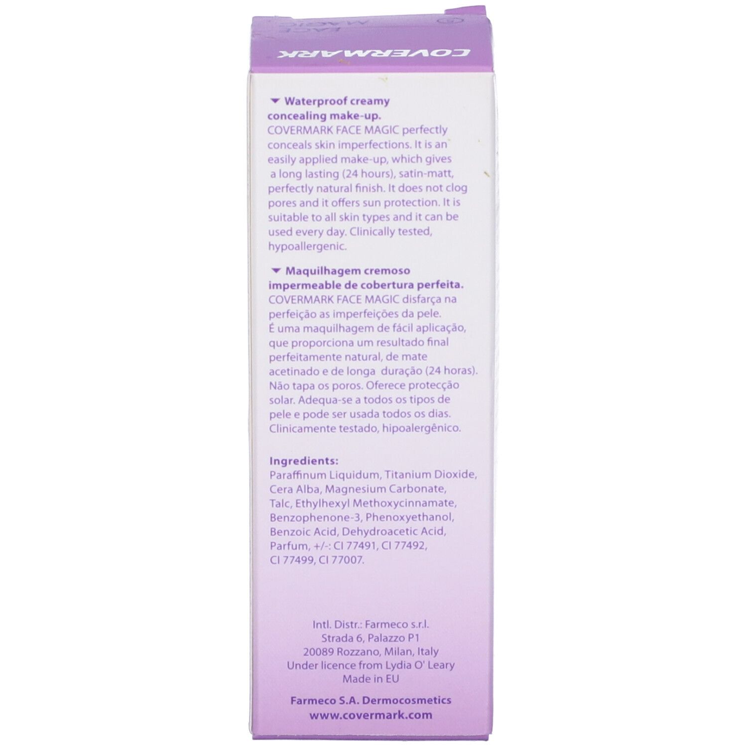 Scatola Covermark Face Magic. Testo in inglese: Waterproof creamy concealing make-up. Clinically tested, hypoallergenic.
