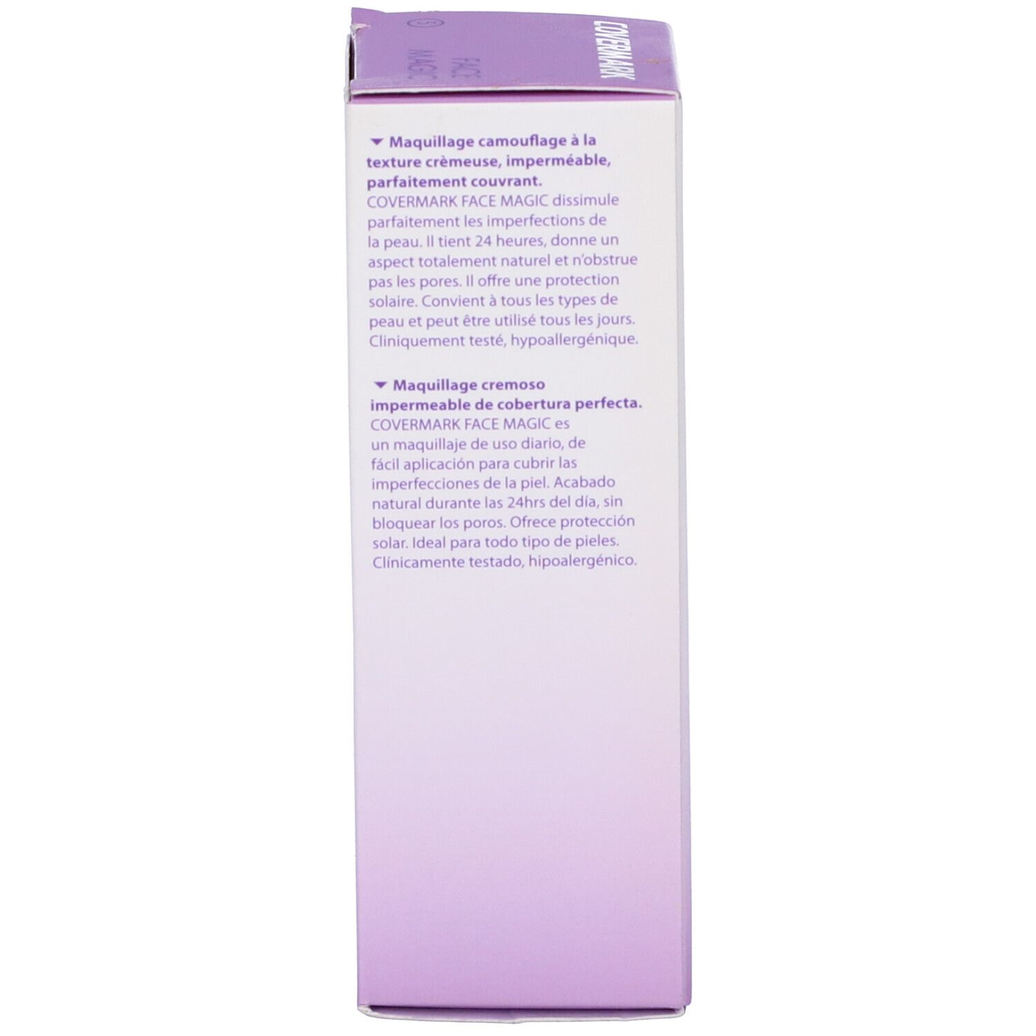 Scatola Covermark Face Magic. Testo in spagnolo: Maquillaje cremoso impermeable de cobertura perfecta. Clinicamente testado, hipoalergénico.