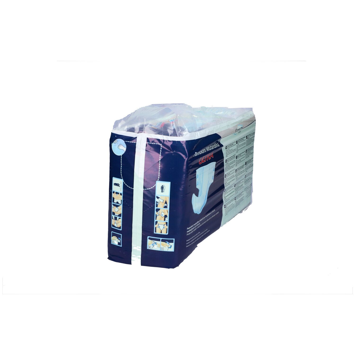 Confezione di pannolini Serenity Classic Ultra. Elementi blu. Testo: Ultra, Medium x 30. Informazioni sul prodotto sul retro.