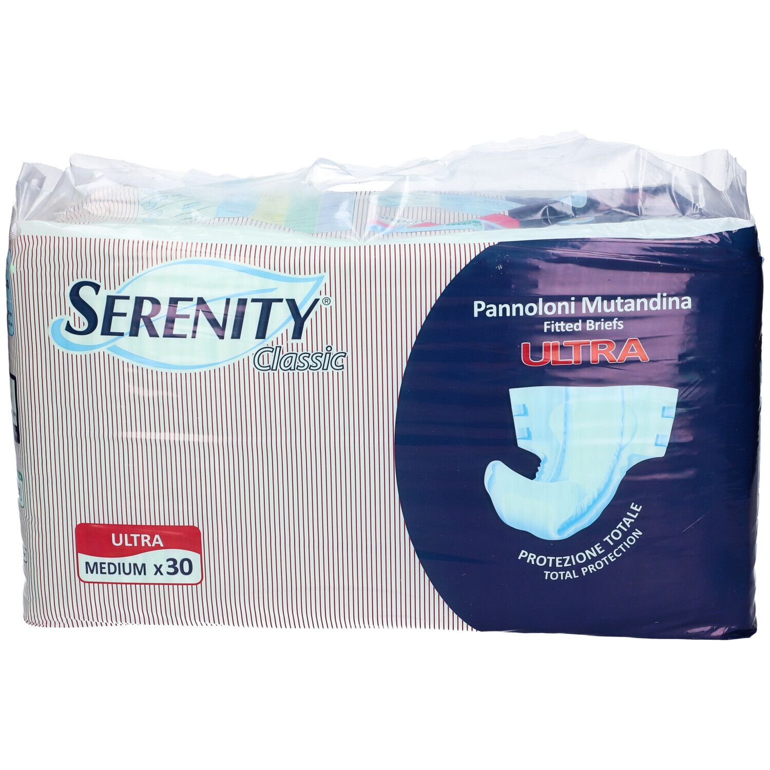 Confezione di pannolini Serenity Classic Ultra. Strisce rosse e bianche. Elementi blu. Testo: Ultra, Medium x 30.