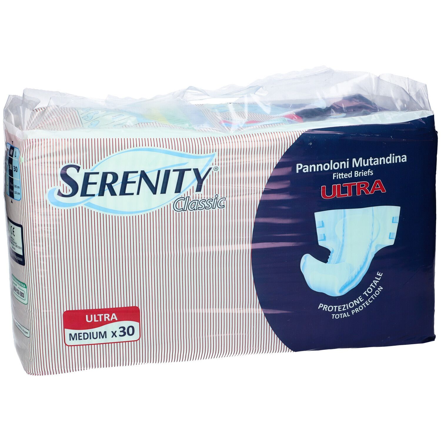 Confezione di pannolini Serenity Classic Ultra. Strisce rosse e bianche. Elementi blu. Testo: Ultra, Medium x 30.