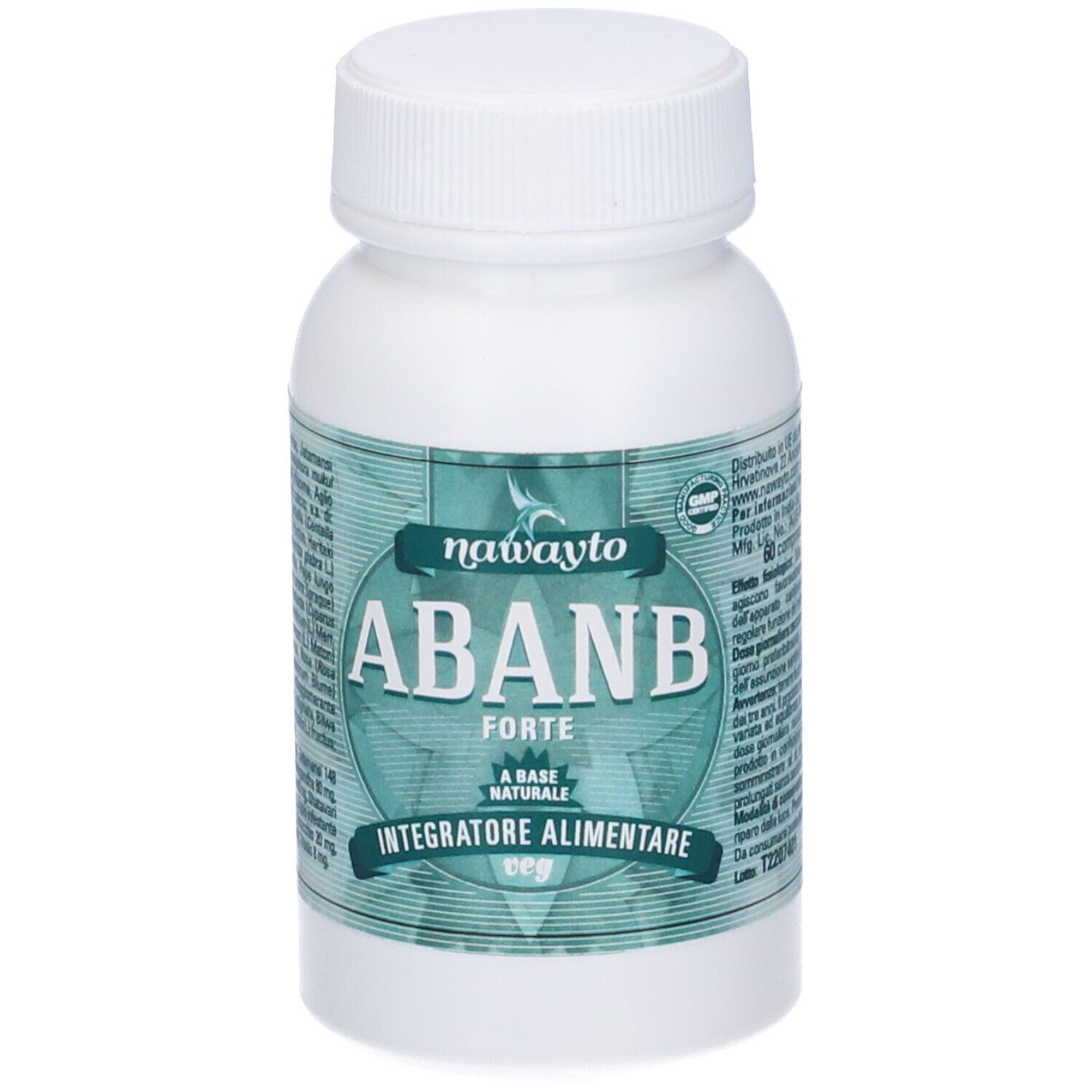 Flacone bianco con etichetta verde. Scritta: ABANB FORTE, Integratore Alimentare. Tappo in alto.