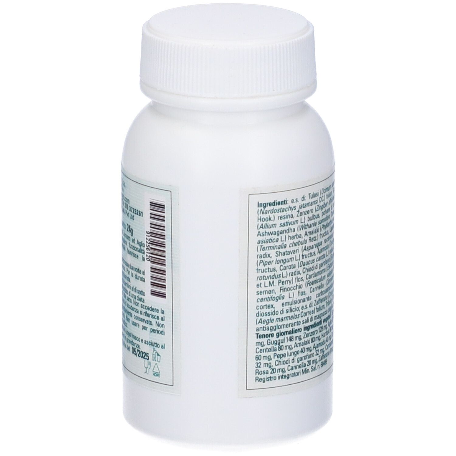 Flacone bianco con etichetta verde. Codice a barre e testo. Tappo in alto.