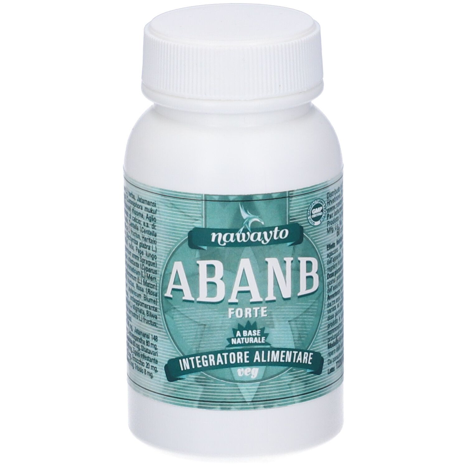 Flacone bianco con etichetta verde. Scritta: ABANB FORTE, Integratore Alimentare. Tappo in alto.
