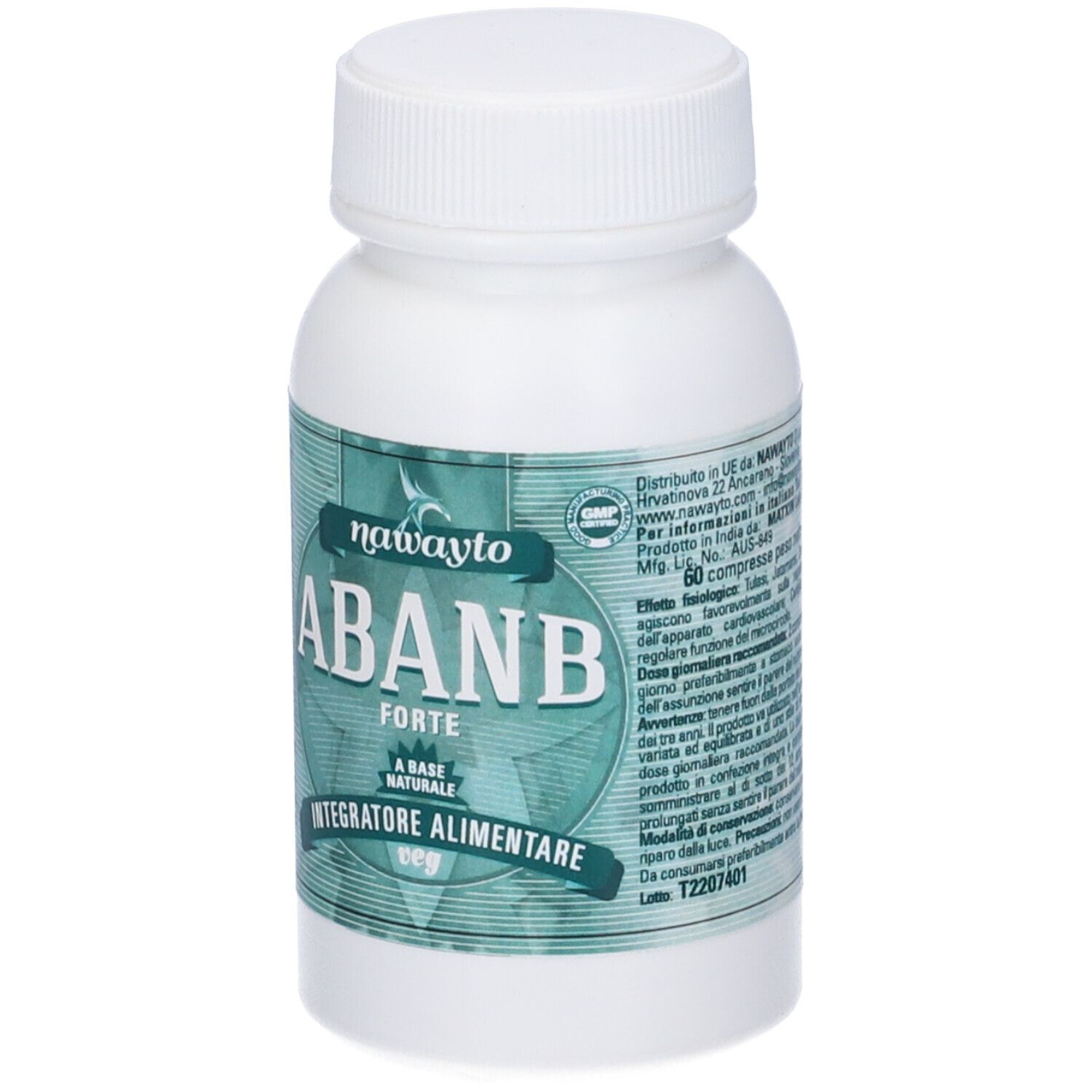 Flacone bianco con etichetta verde. Scritta: ABANB FORTE, 60 compresse. Tappo in alto.