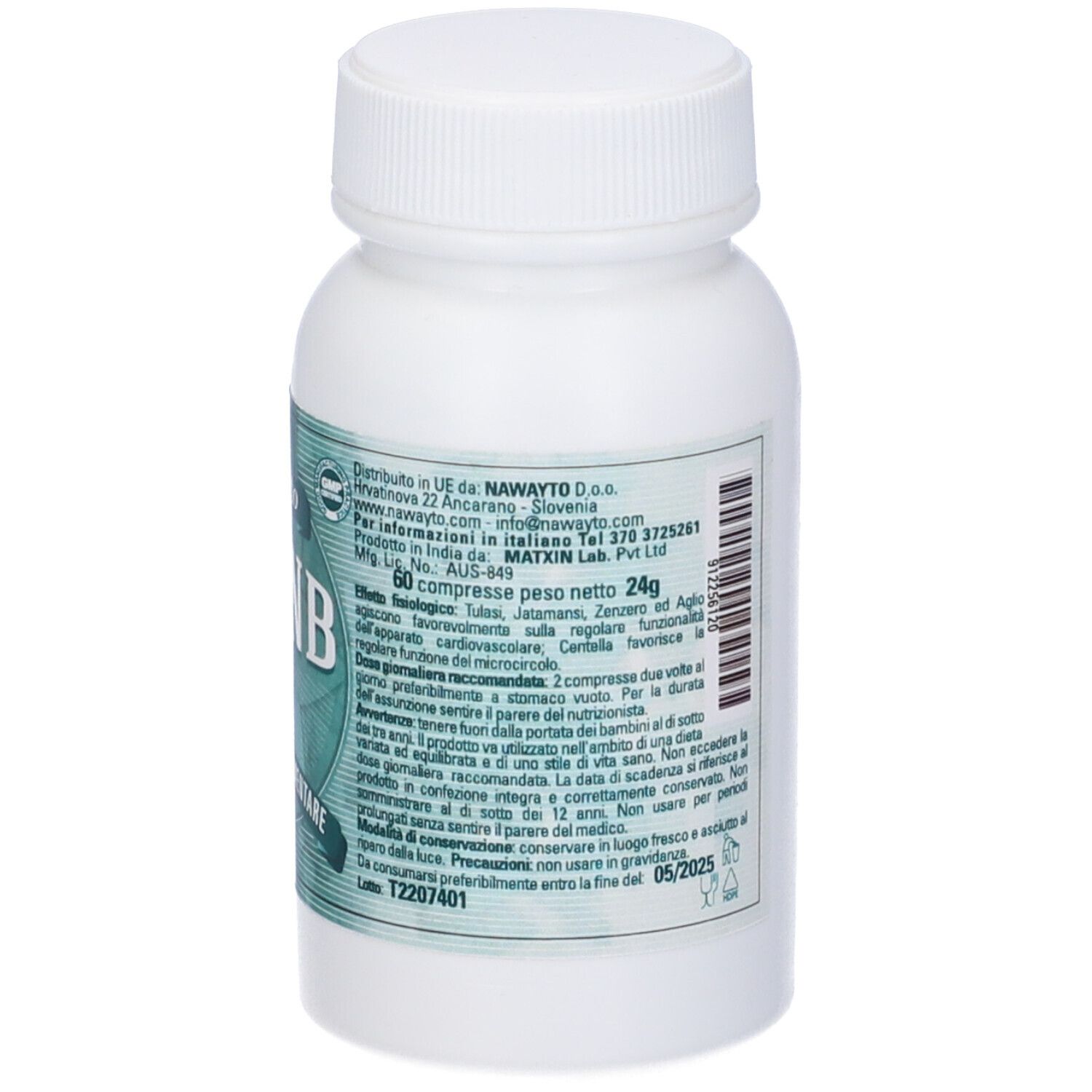 Flacone bianco con etichetta verde. Scritta: ABANB, 60 compresse, 05/2025. Tappo in alto.