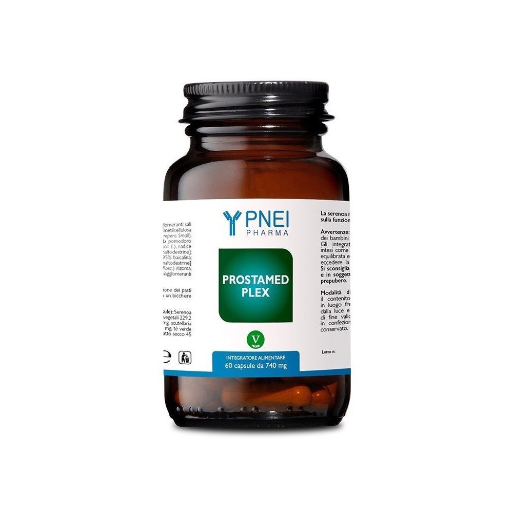 Flacone di vetro marrone con tappo nero. Scritta: Prostamed Plex. 60 capsule. Vegano.