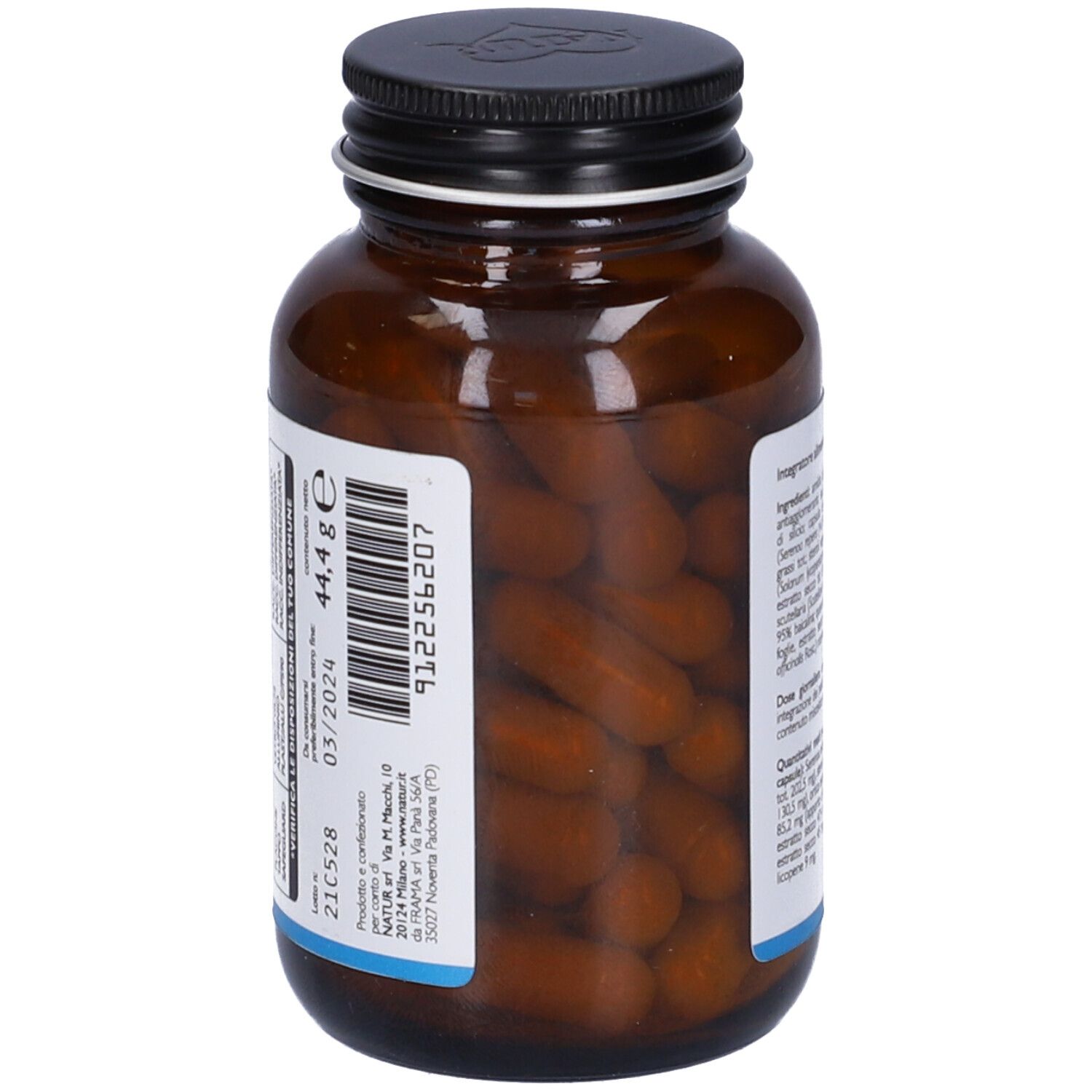 Flacone di vetro marrone con tappo nero. Retro con codice a barre, scadenza e informazioni produttore.