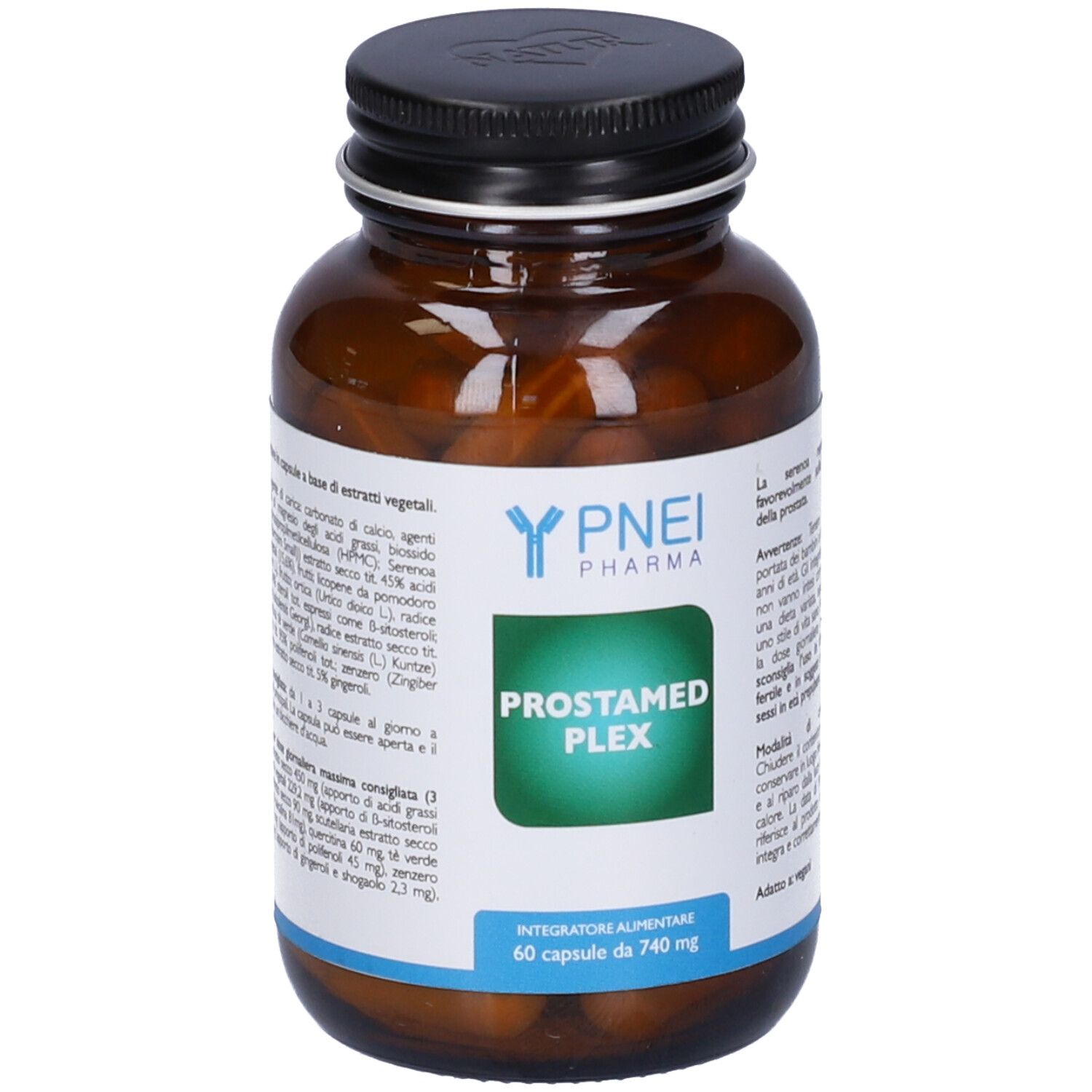 Flacone di vetro marrone con tappo nero. Scritta: Prostamed Plex. 60 capsule. Integratore alimentare.