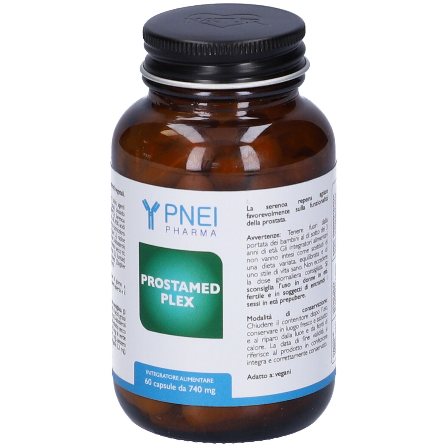 Flacone di vetro marrone con tappo nero. Scritta: Prostamed Plex. 60 capsule. Vegano.
