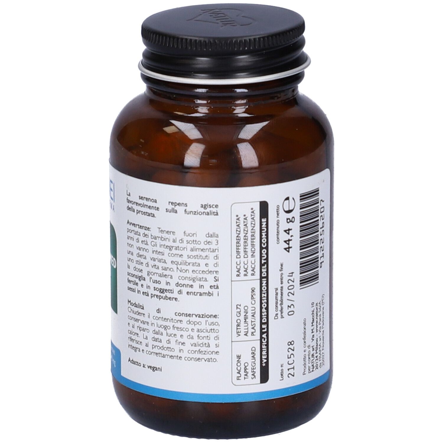 Flacone di vetro marrone con tappo nero. Retro con ingredienti, avvertenze e informazioni produttore.