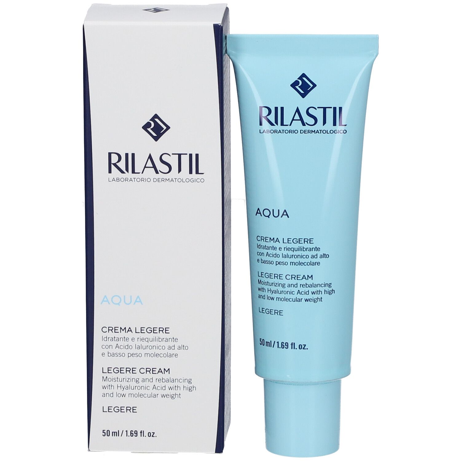 Hellblaue Tube und Schachtel. Aufschrift: RILASTIL, AQUA, CREMA LEGERE. 50 ml.