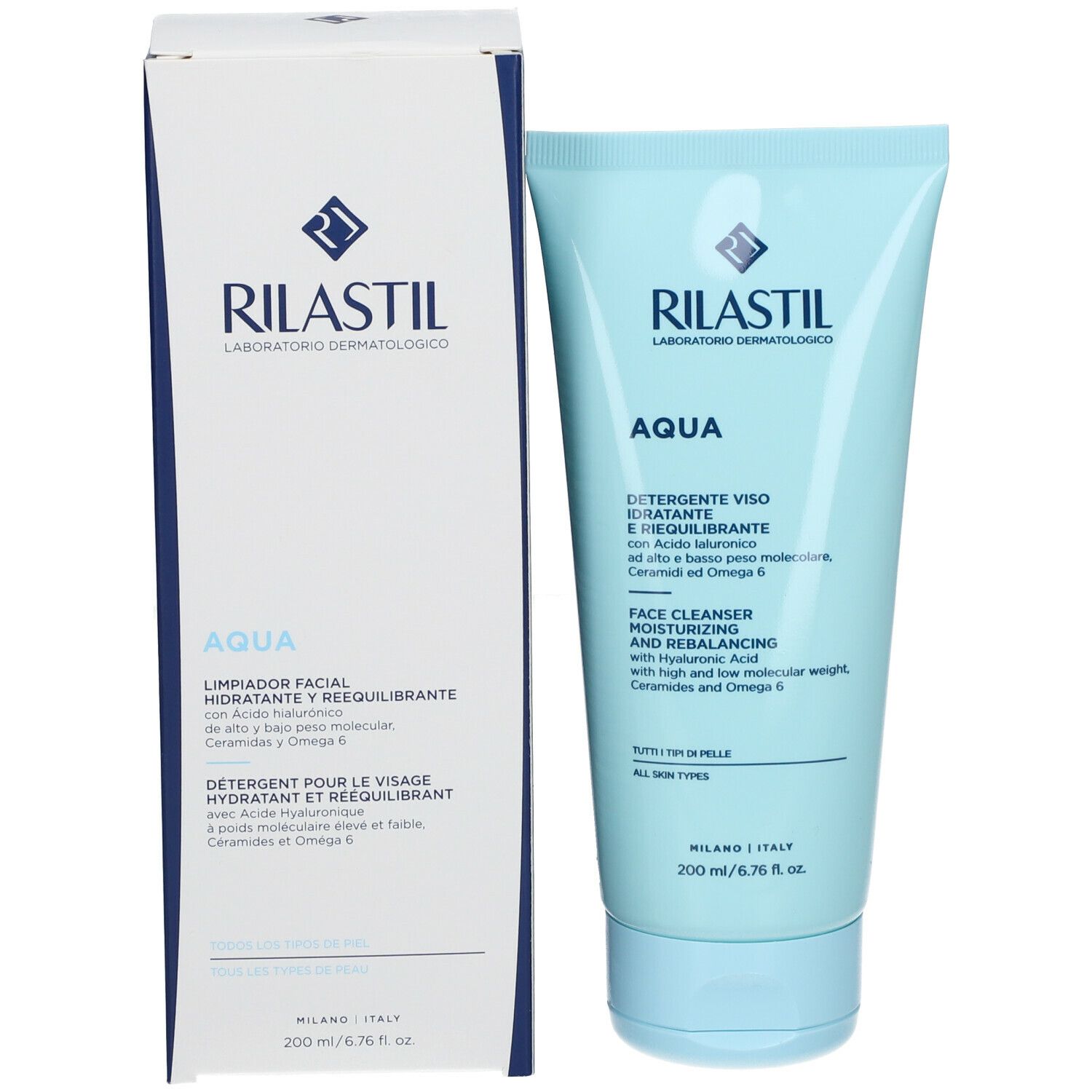 Confezione del prodotto con tubo e scatola. Tubo: azzurro chiaro, Testo: AQUA, Face Cleanser. Scatola: bianca, blu.