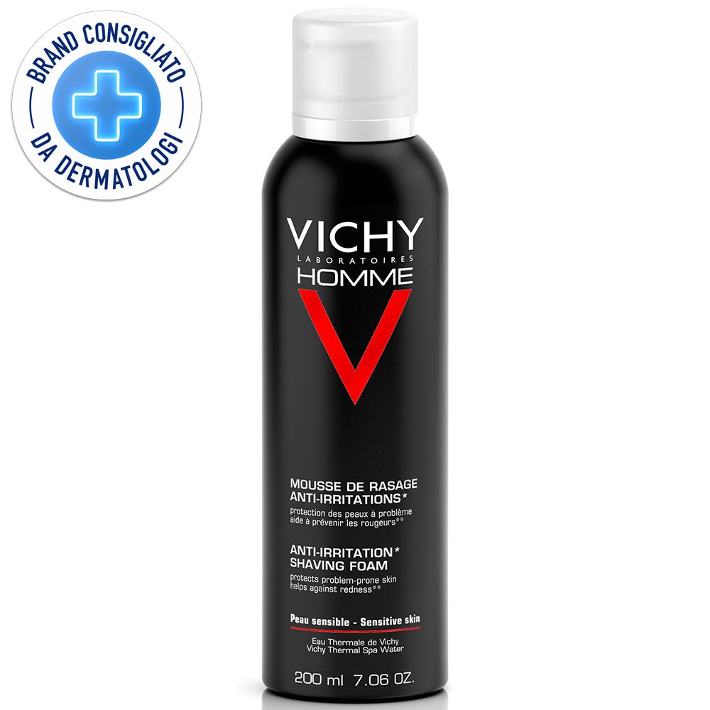 Schwarze Dose mit weißem Deckel. Vichy Homme Logo und rotes V. Text: Mousse de Rasage, Anti-Irritations, 200 ml.